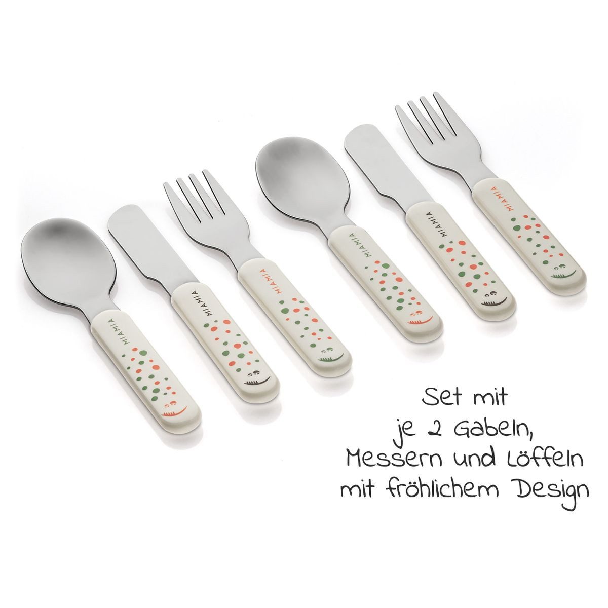 MiaMia Kinderbesteck Punkte - Weiß (6-tlg), 2 Personen, Edelstahl 18/10 / Kunststoff PP, Kinder & Baby Besteck Set 6-tlg. Babybesteck mit handlichen Griffen – Bild 4 von 5