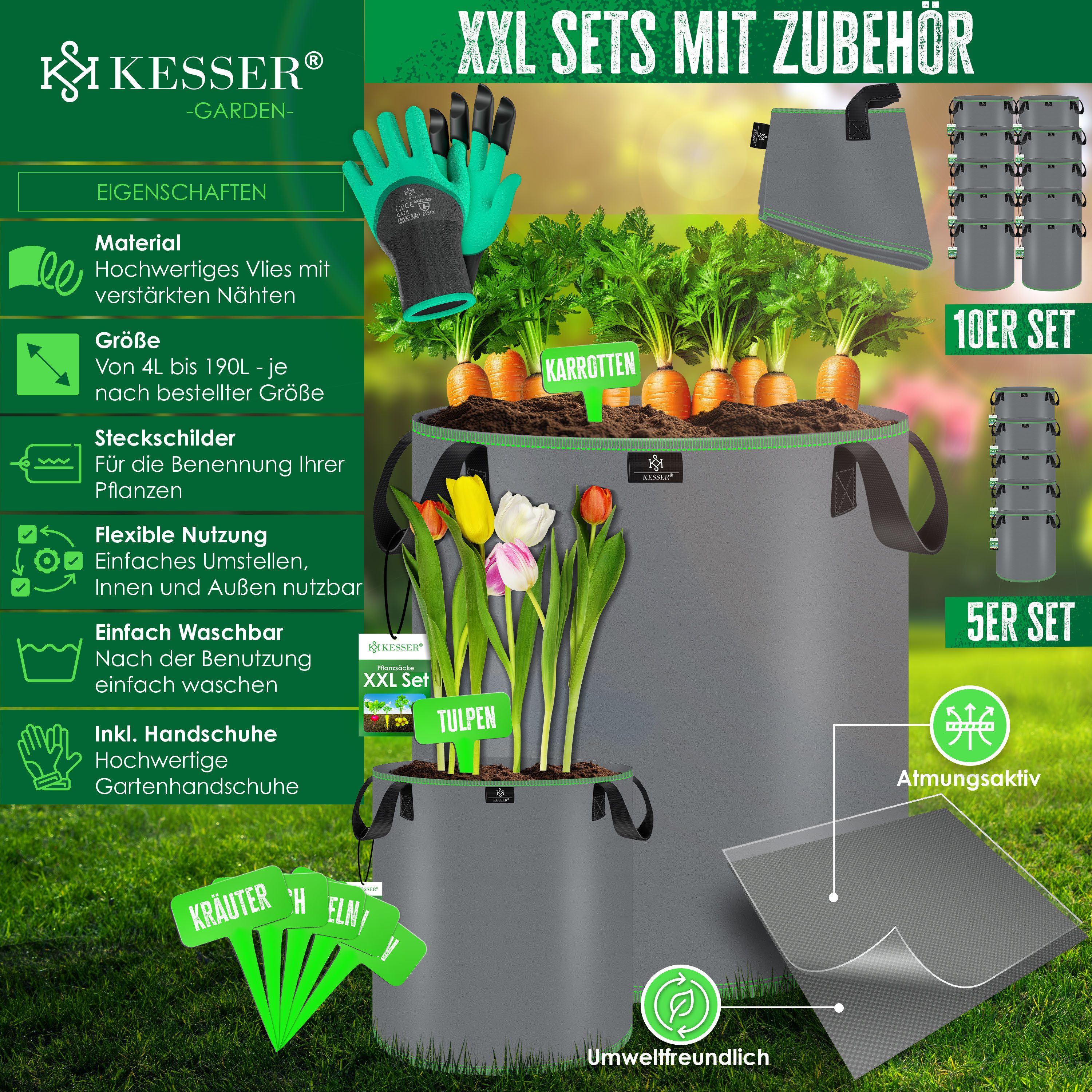 KESSER Pflanzkübel, Pflanzsäcke aus Vlies Kartoffel Pflanzsack Pflanztasche