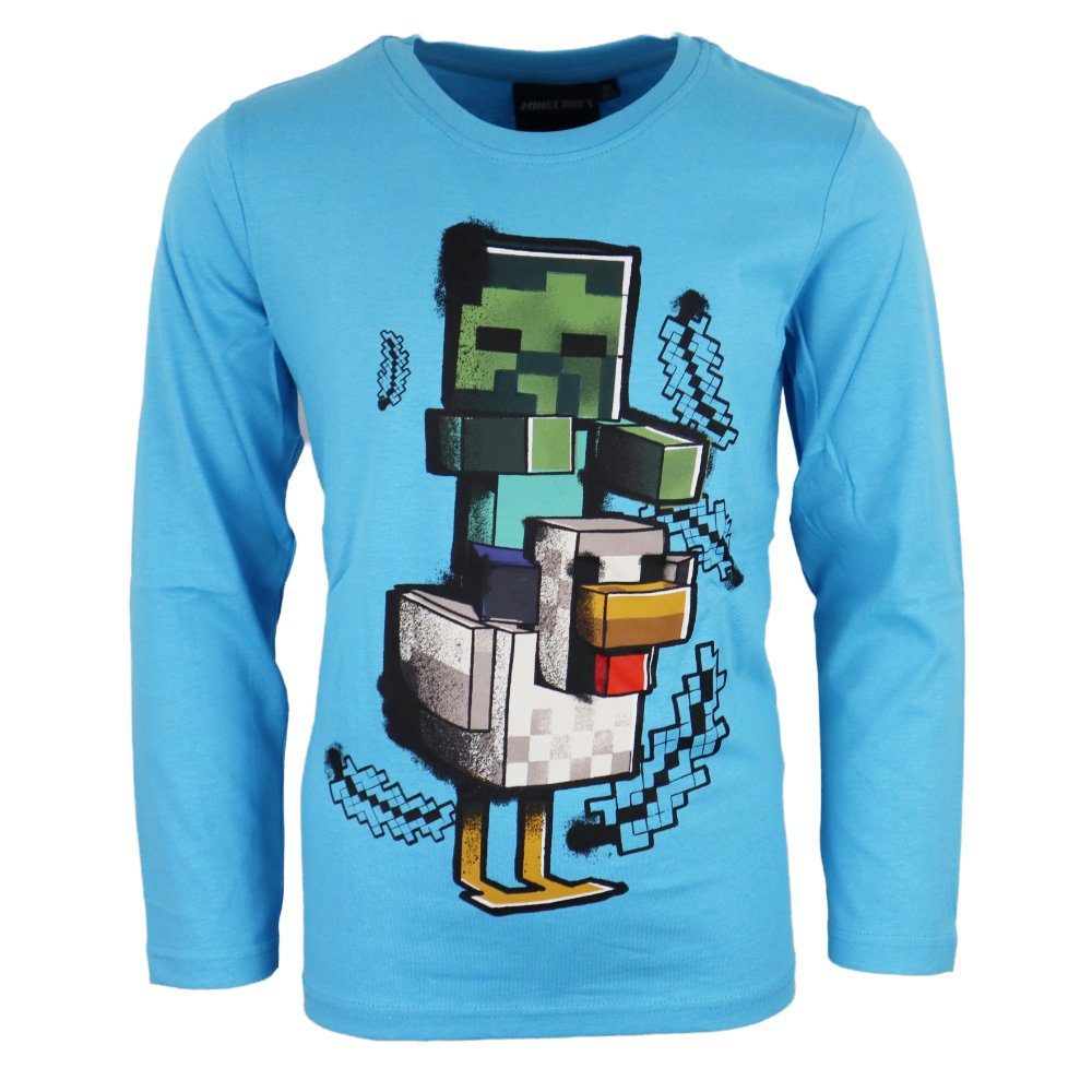 Minecraft Langarmshirt Kinder Shirt Zombie Huhn Gr. 116 bis 152, 100% Baumwolle, in Hellblau