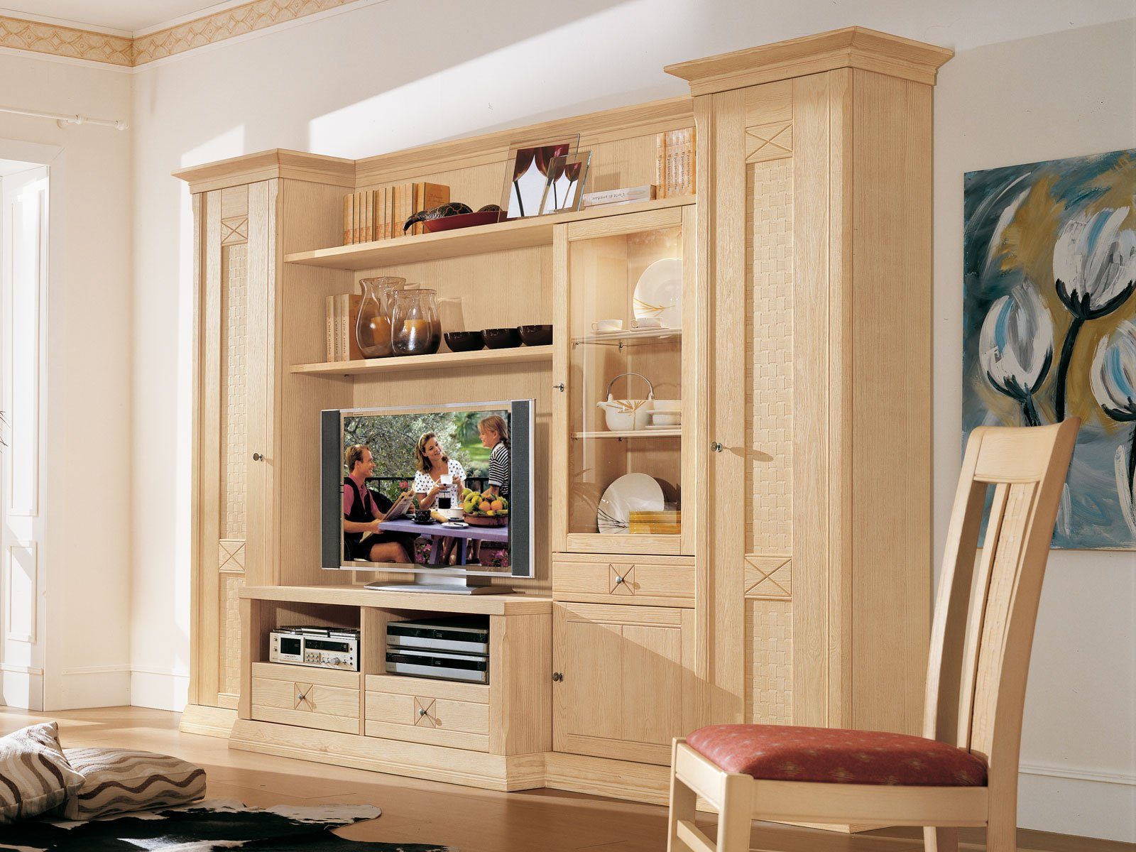 Casamia Schranksystem Wohnwand Wohnzimmer-Schrank Vienna B 289 x H 210 cm, Pinie massiv