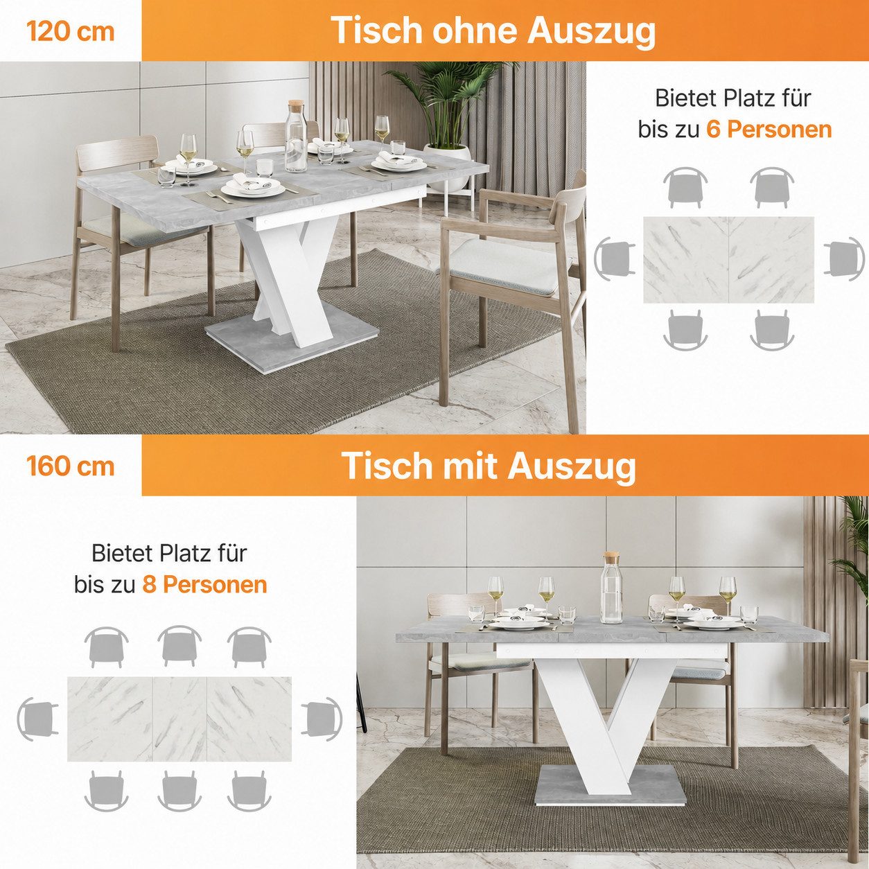Home Collective Esstisch ausziehbar Tisch Küchentisch Esszimmertisch Ausziehtisch (Esszimmer Küche Wohnzimmer Esstisch erweiterbar), modernes Design mit V-Geste – Bild 5 von 5