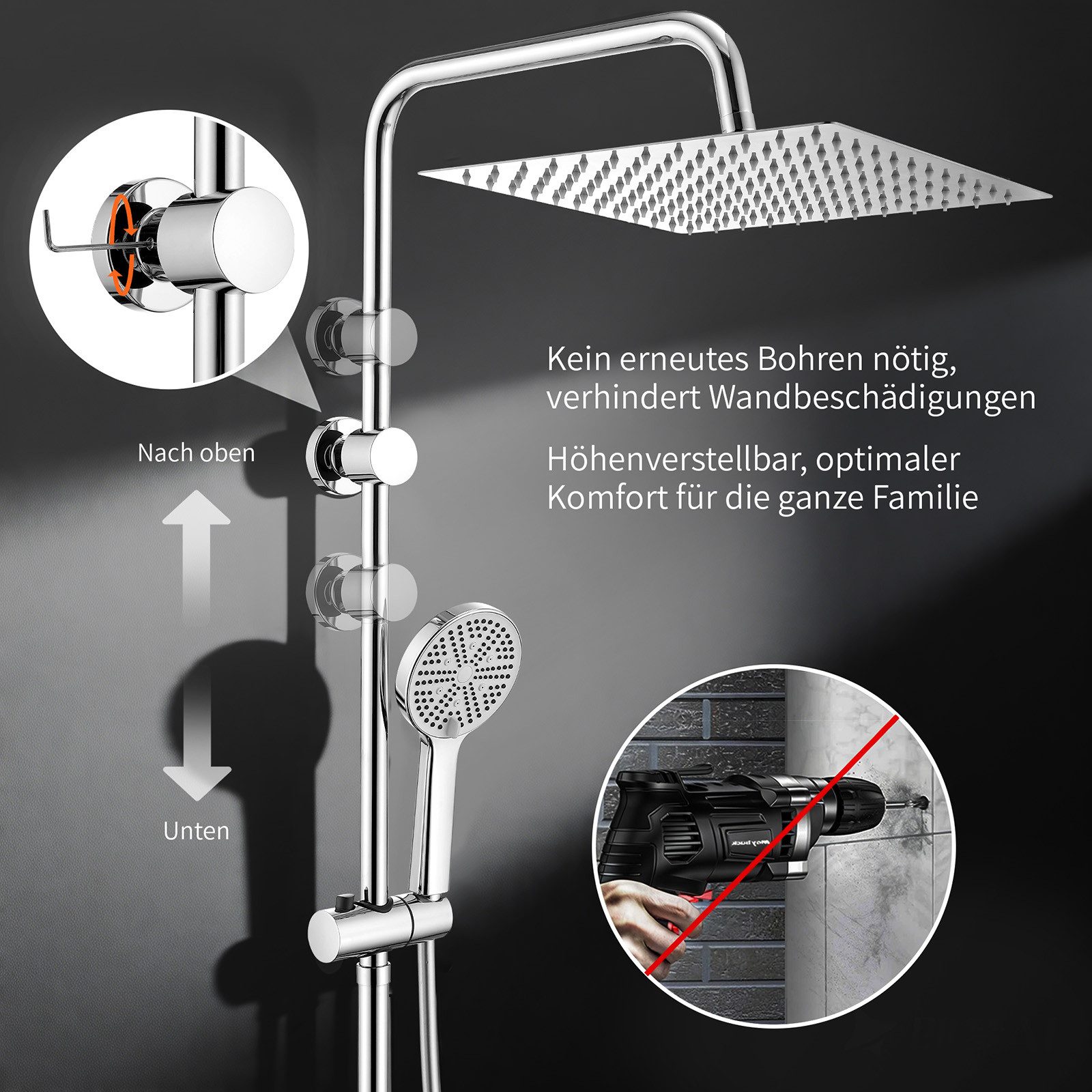 HOMELODY Duschsystem mit 30 cm SUS304 Regendusche und Duschablage, 5 Strahlarten Handbrause, höhenverstellbar, ohne Neubohren, Chrom