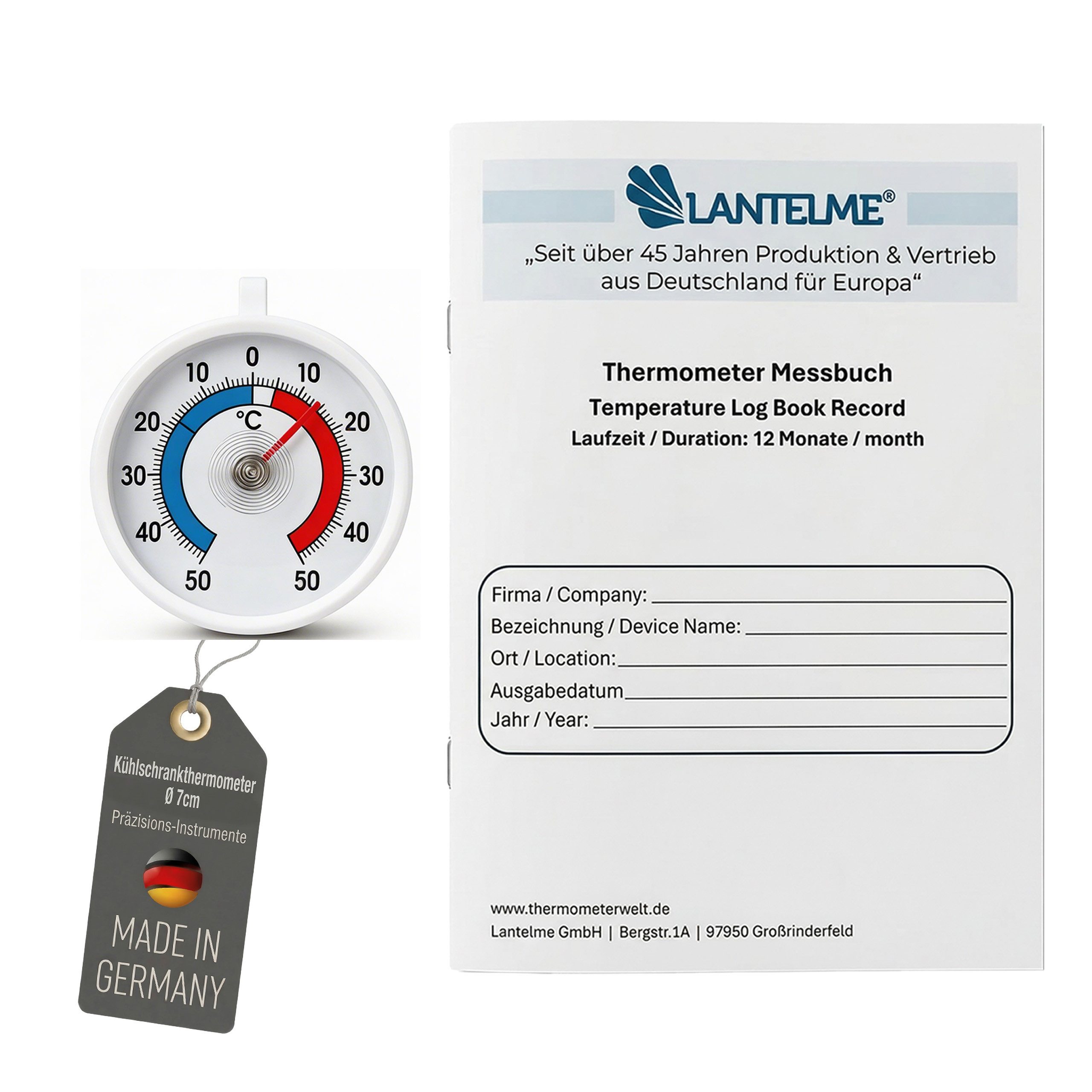 Lantelme Kühlschrankthermometer mit Protokollbuch 12 Monate 3 mal täglich Dokumentation, Messbuch und Thermometer Deutsche Herstellung, Kühlschrank Gefrierschrank Thermometer selbstklebend + - 50°C