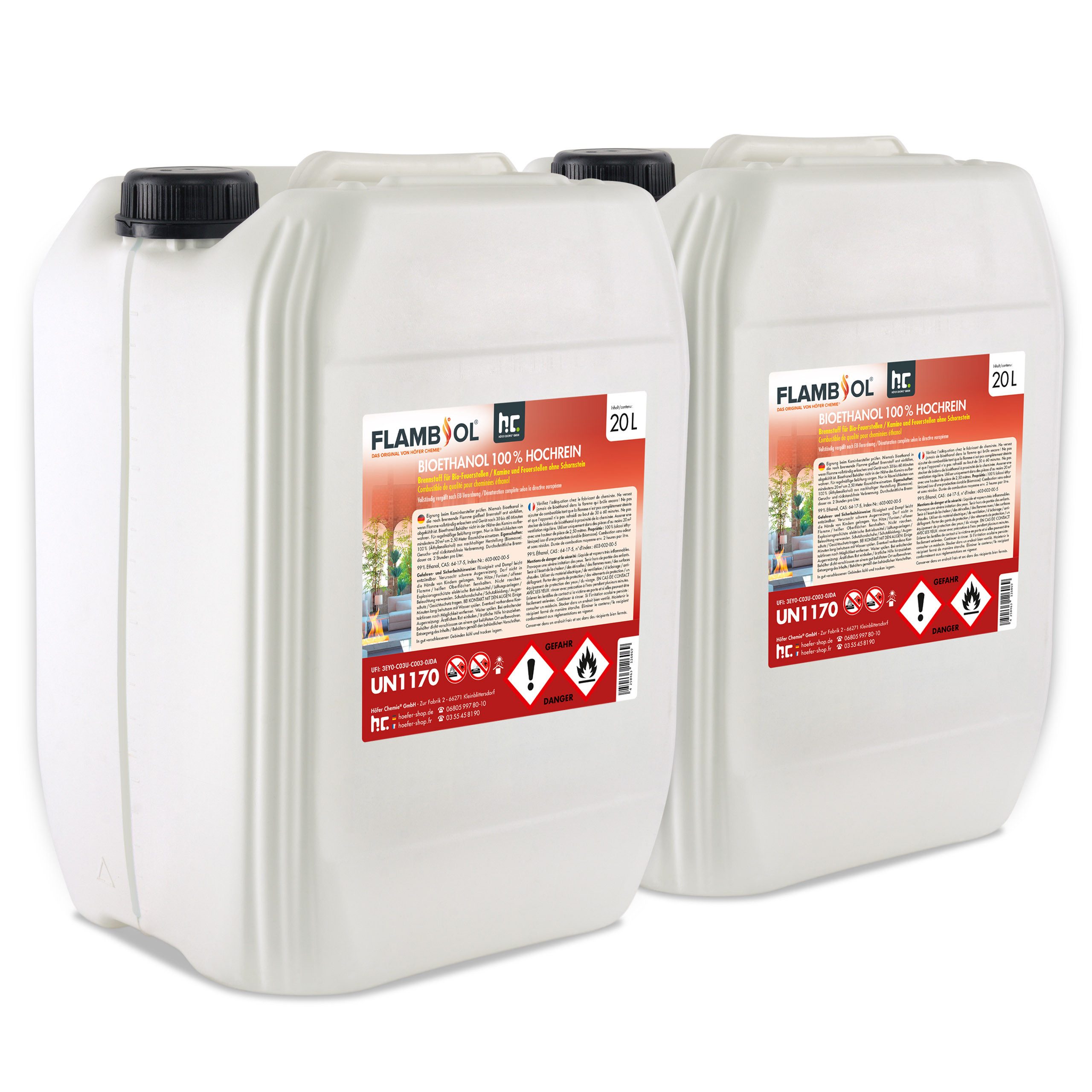 Höfer Chemie GmbH Bioethanol 2x 20 L FLAMBIOL® Bioethanol 100% Hochrein, 40 l, (2-St)