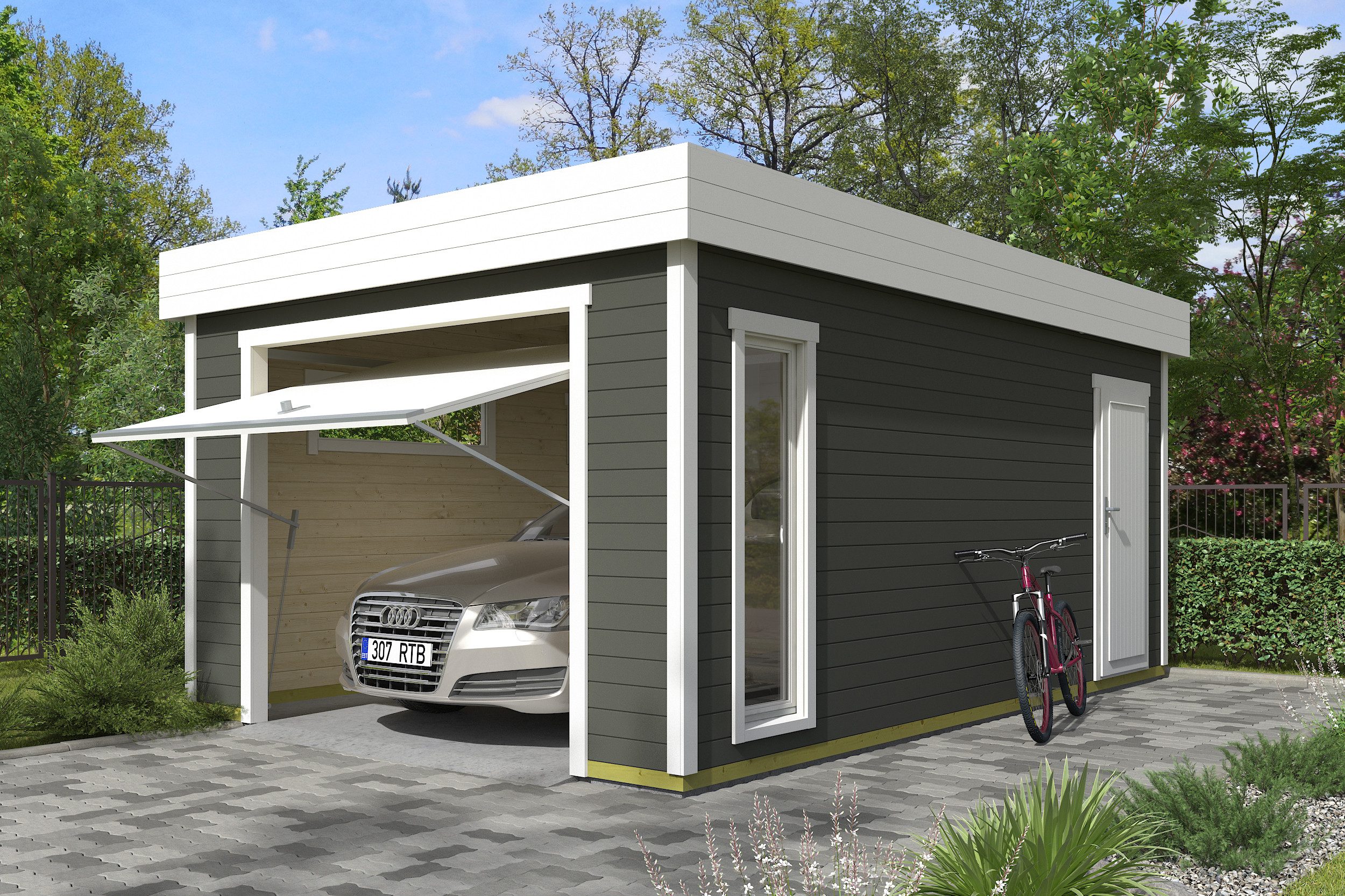Nordic Holz Garage BAHAMAS 2, BxT: 380x560 cm, 207 cm Einfahrthöhe, mit Schwingtor