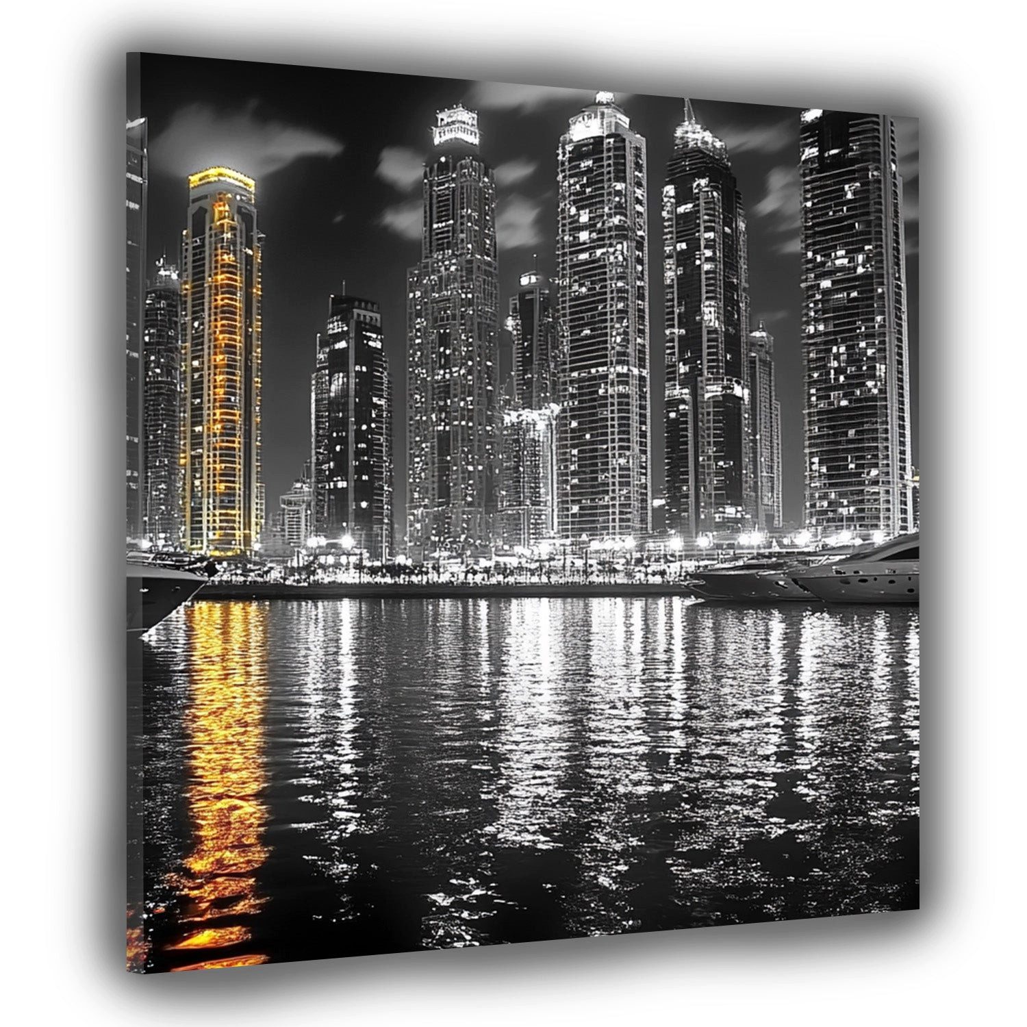 Artedinoi Leinwandbild Skyline bei Nacht am Wasser Gold Schwarz-Weiß Leinwandbild Wandbild, Skyline am Wasser bei Nacht