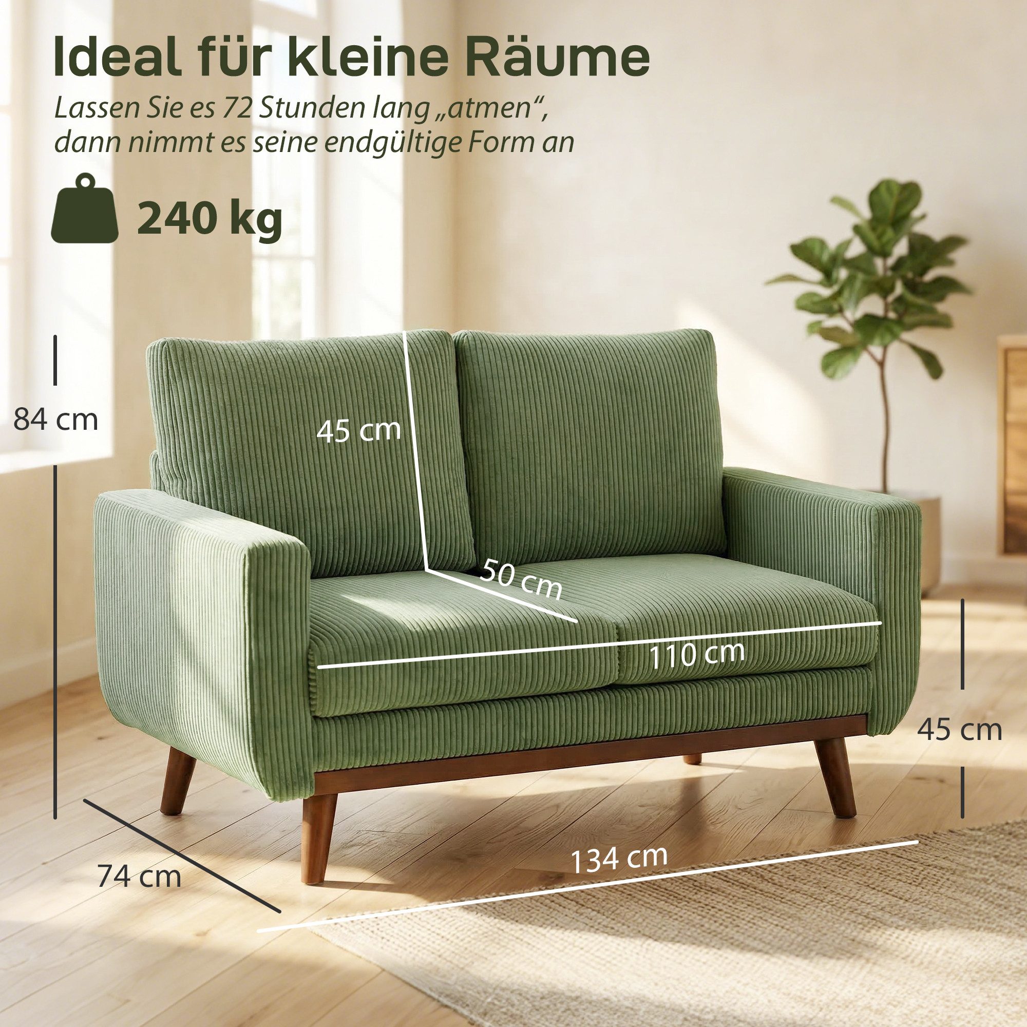 HOMCOM 2-Sitzer Sofa 134 cm Couch mit dicker Rückenlehne, Armlehne, bequem, Grün, 2-Sitzer Sofa 1 Teile, Kompaktes Retro Cordsofa mit Holzlatten und Taschenfede – Bild 3 von 5