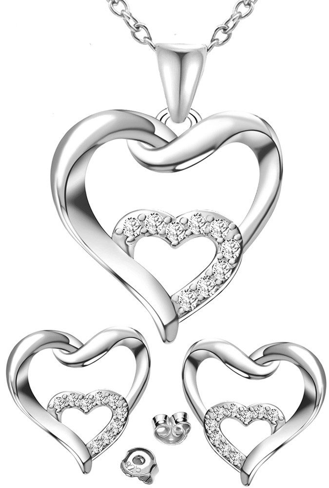 Ohrring und Ketten Set Herz 925 Silber Schmuckset Herzkette Ohrstecker Anhänger Schmuck Damen