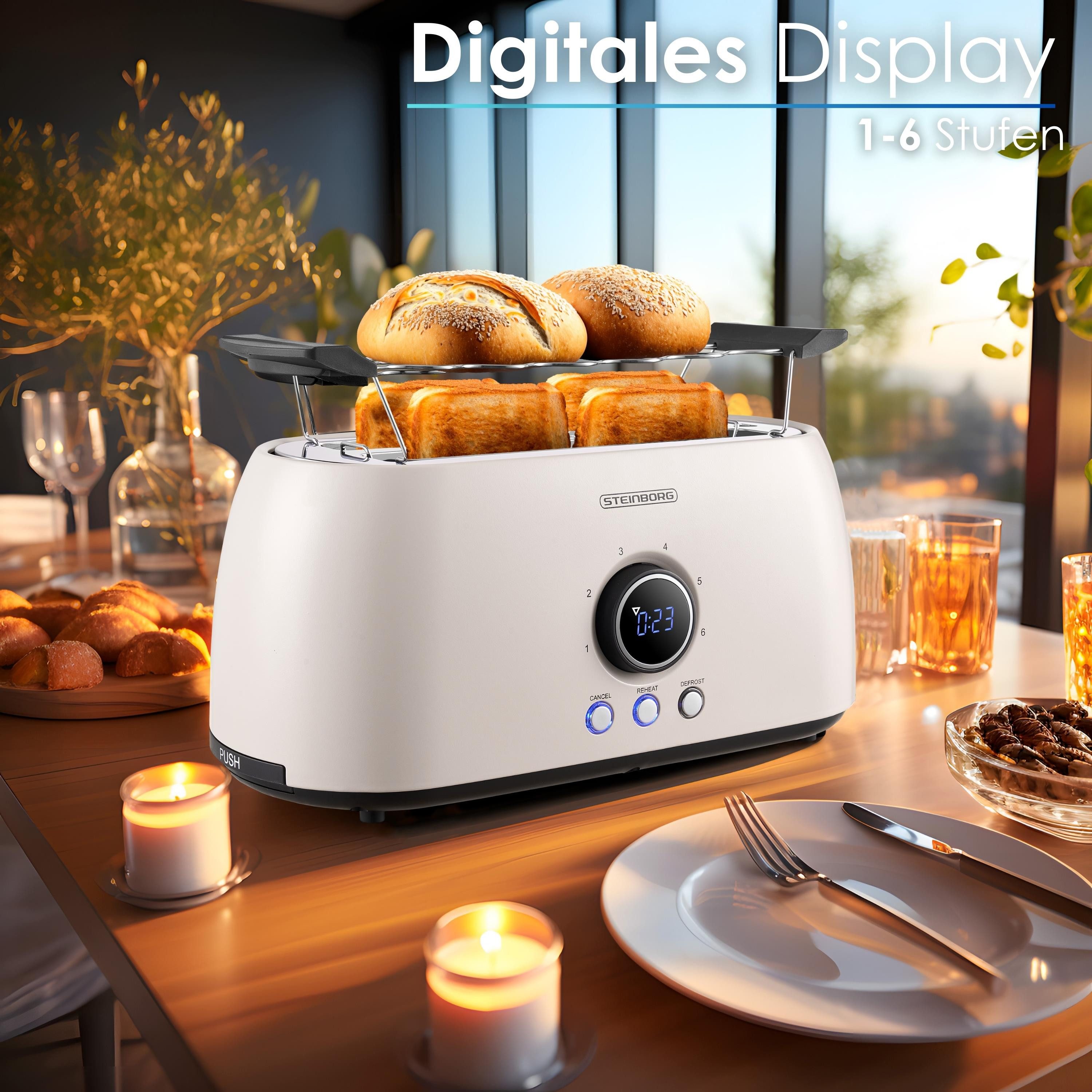 STEINBORG Toaster SB-2214, 2 lange Schlitze, für 4 Scheiben, 1500 W, Edelstahl Gehäuse,Brötchenaufsatz,Krümelschublade,LED Display