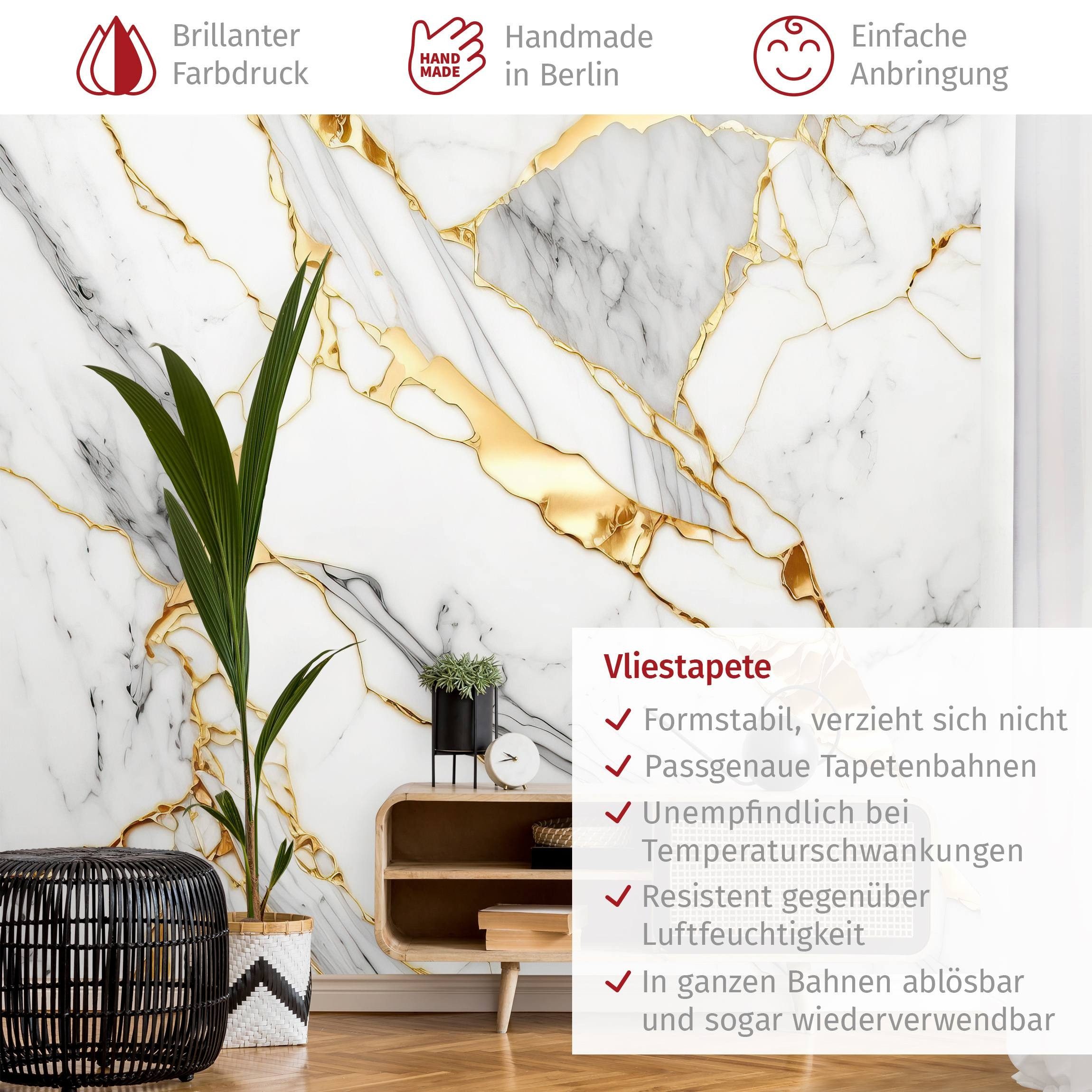 Bilderdepot24 Fototapete Weißer Marmor Goldeffekt Steinoptik, Glatt, Matt, (Vliestapete inkl. Kleister oder selbstklebend), Wohnzimmer Schlafzimmer Küche Flur Motivtapete Vliestapete Wandtapete