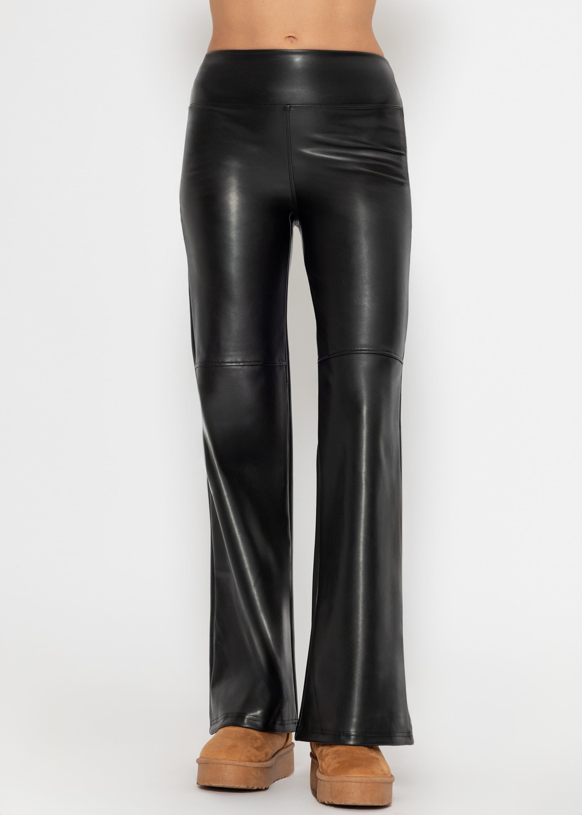 SASSYCLASSY Леггинсы High-Waist Flared Thermo-Leggings mit Taillenbund Kunstleder-Leggings Schwarz mit ausgestelltem Bein und breitem Bund