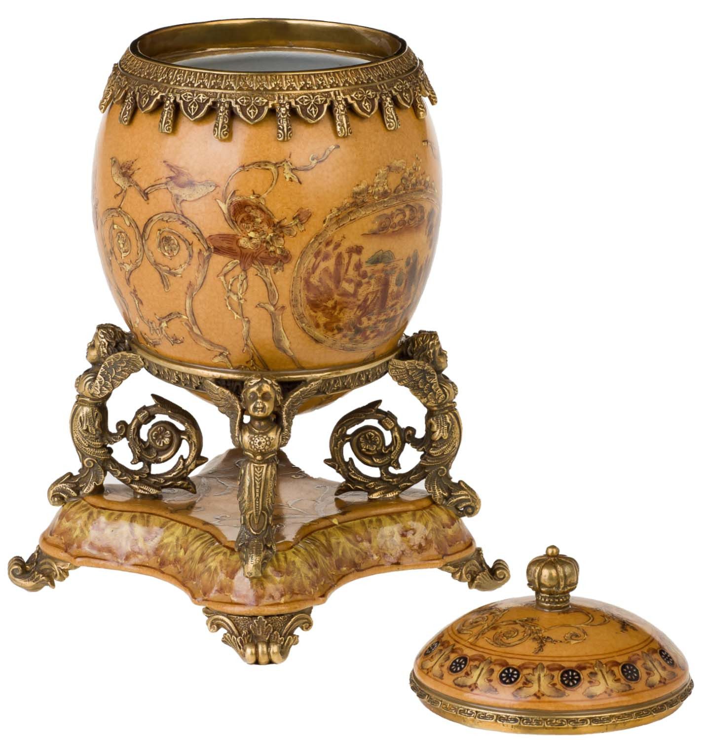 Aubaho Dekoobjekt Schmuck Ei Dose Engel Porzellan Messing Skulptur Antik-Stil - 28cm