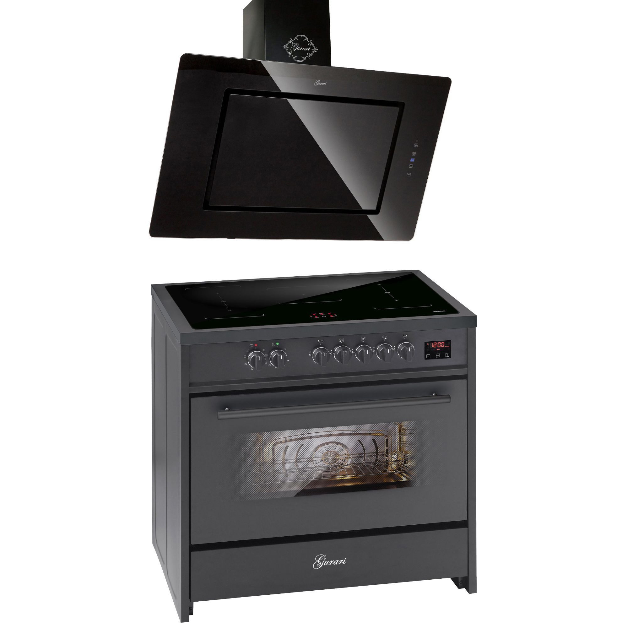 GURARI Induktions-Standherd Range Cooker 90 cm, Schwarz, 5 Kochzonen, 121L+Dunstabzugshaube 90 cm E 913 BL+GCH S 155 BL 90 Prime.., mit 1-fach-Teleskopauszug