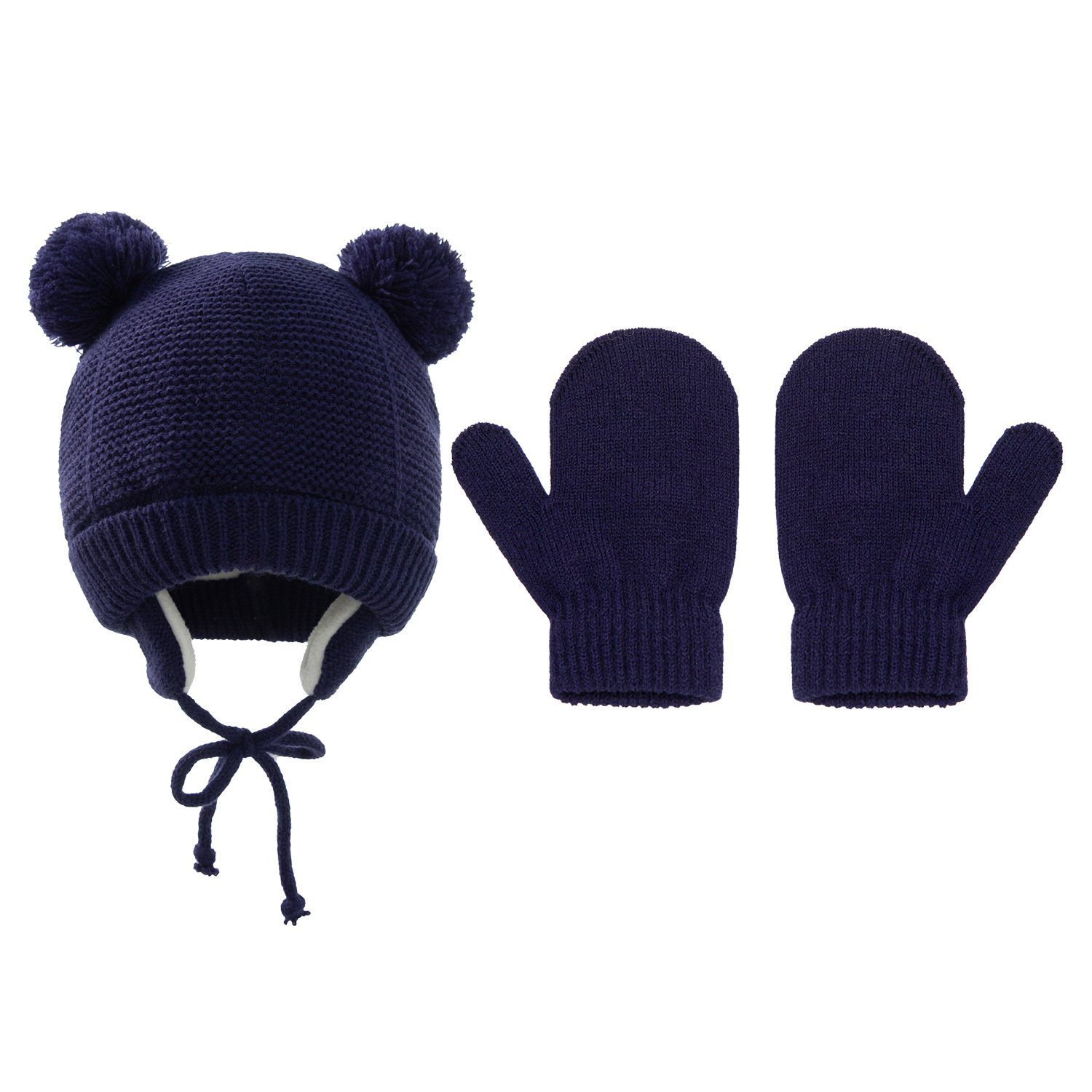 XDeer Filzhut 2 Stück Kinder Wintermütze Handschuhe Set, Strickmütze baby warme Mütze blue