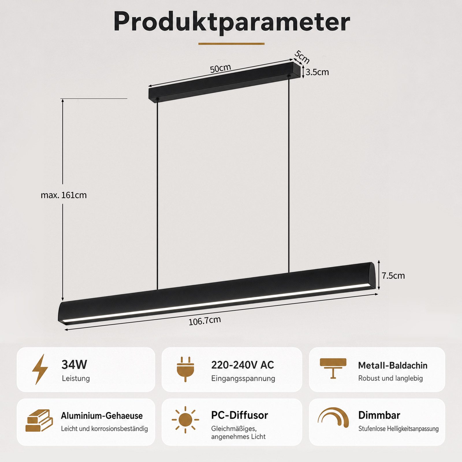 Nettlife LED Pendelleuchte Schwarz Modern Esszimmer Dimmbar Fernbedienung 106cm 34W, LED fest integriert, Dimmbar, Hängelampe Memory-Funktion für Wohnzimmer Küc – Bild 3 von 5