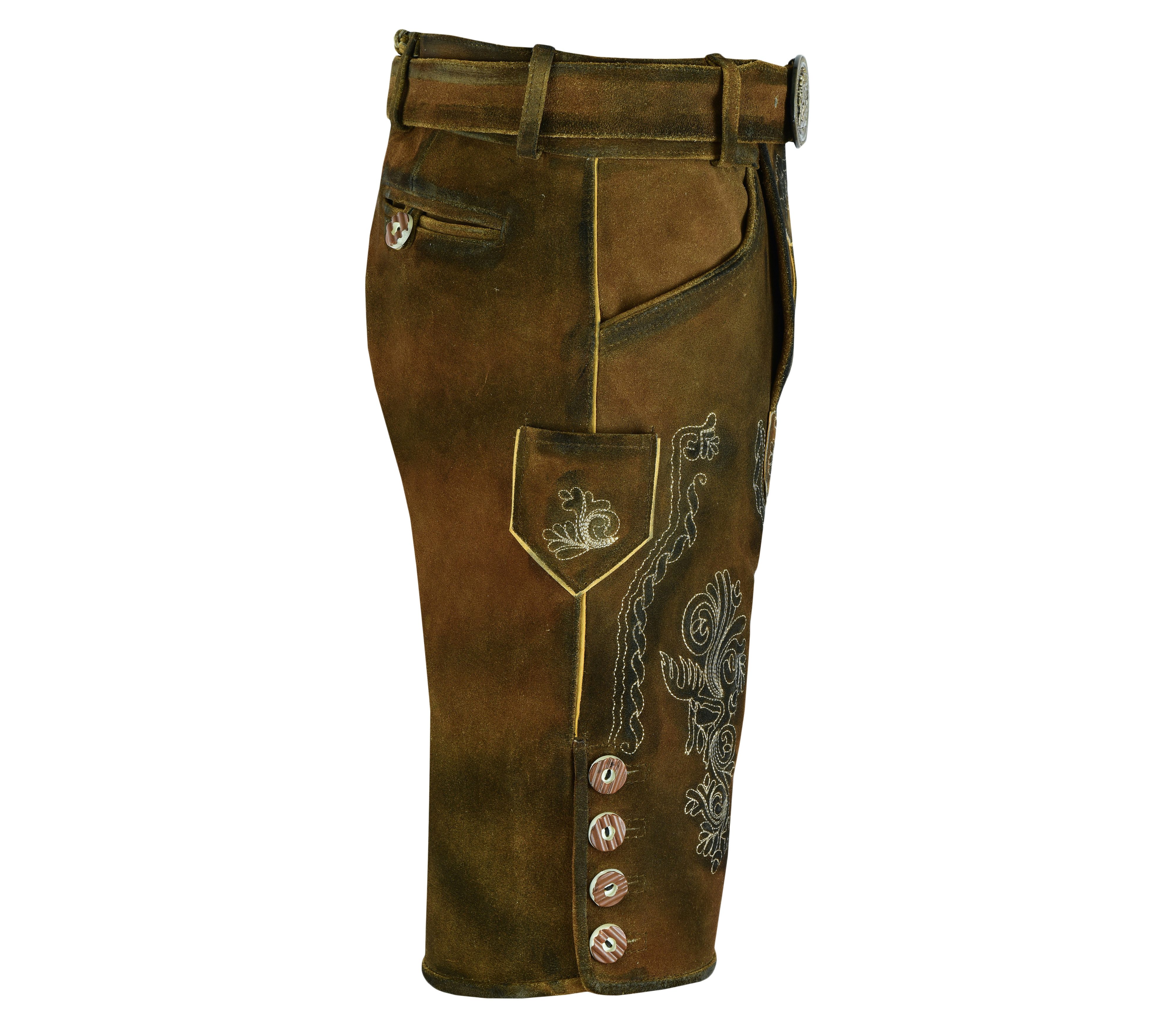 Myooka Trachtenlederhose Herren Lederhose Kurz Antik mit Gürtel in Braun Dunkelbraun Grüntöne