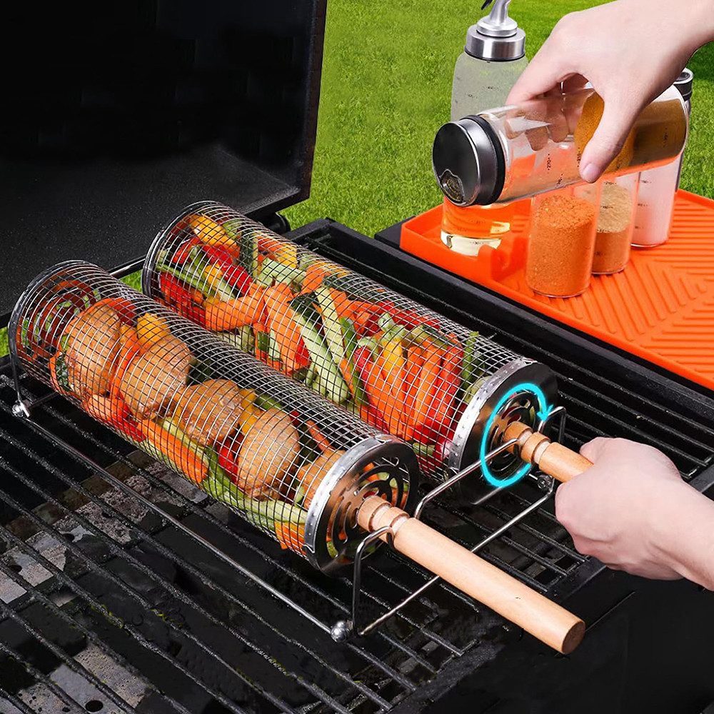 FOUORTUNATE-BEE Grillbesteck-Set Rollendes Grillkorb mit Holzgriff, (1 tlg., Grillnetzrohr für Den Außengrill für Gemüse), Grillkorb Edelstahl Zylindrisch, Grill Zubehör Drehspieß