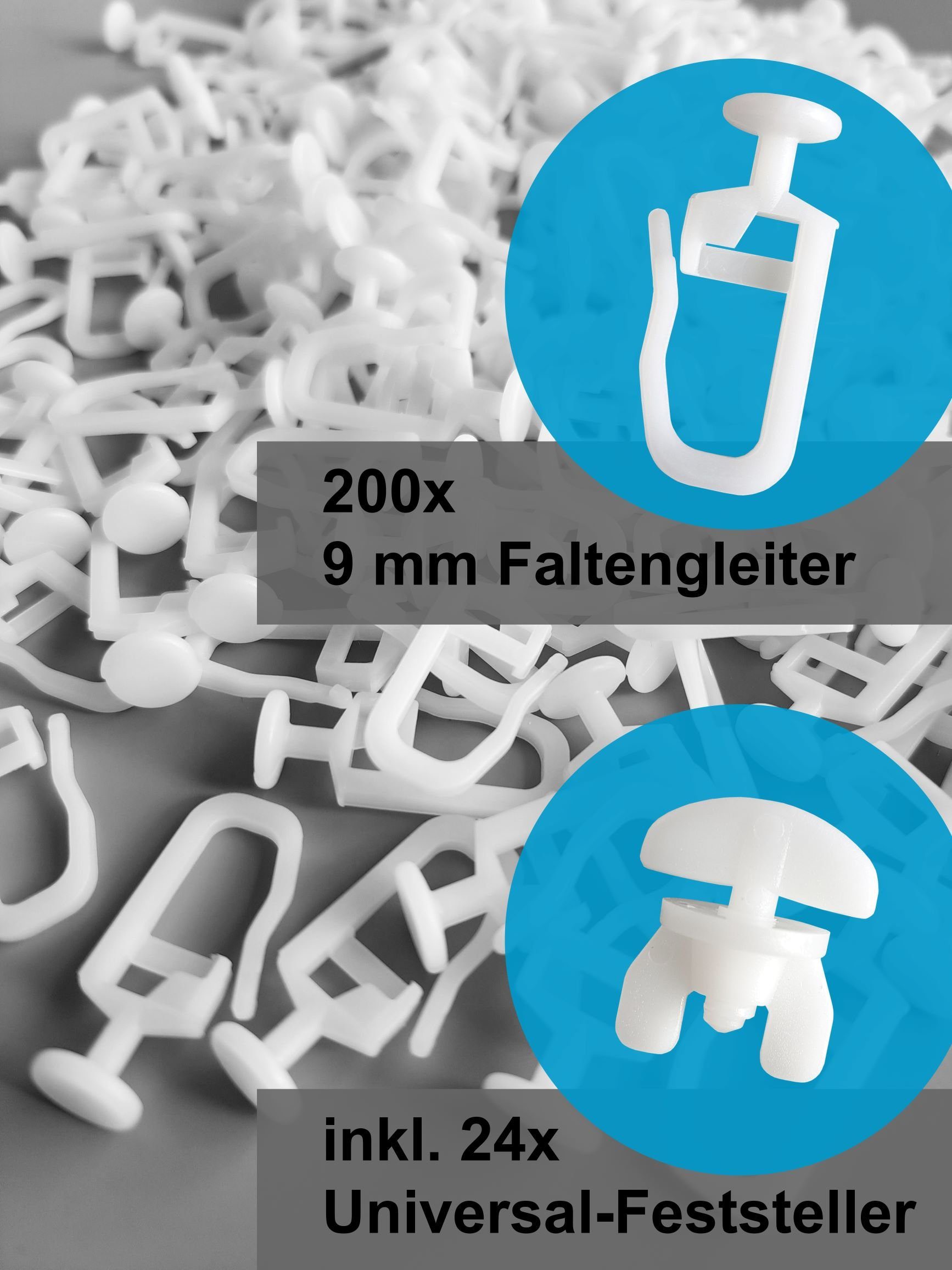 dekondo Gardinengleiter Faltengleiter mit 9mm Kopf, für Gardinenschienen oder -stangen mit Innenlauf, 4-6 mm Laufnut/Profilschlitz, (Komplettset, inkl. Universa – Bild 2 von 5