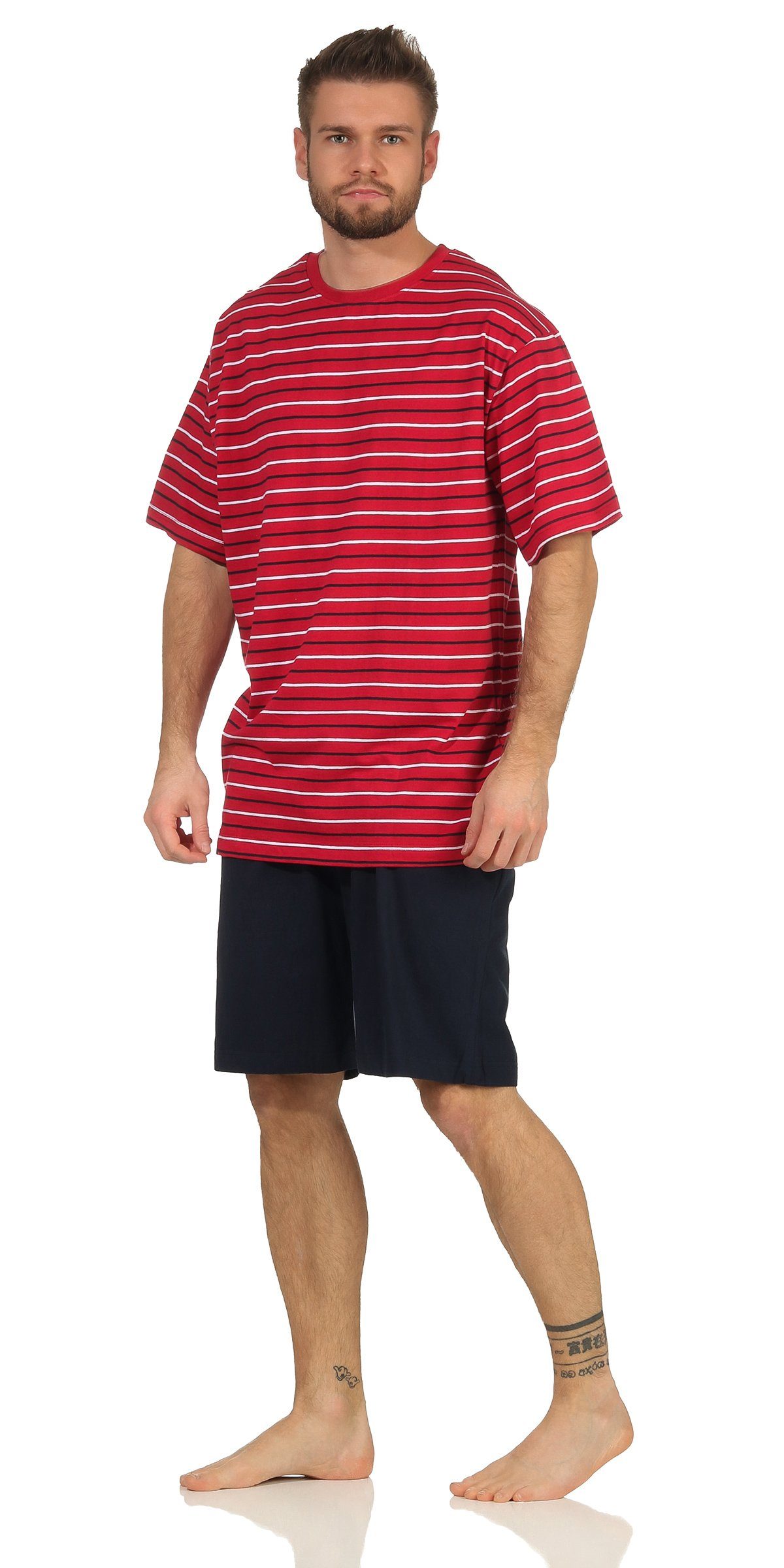 Herren Shorty Pyjama Kurzarm Rot-Dunkelblau (2 Shorty Schlafanzug 100% Nachtwäsche Rundhals tlg) Baumwolle Moonline