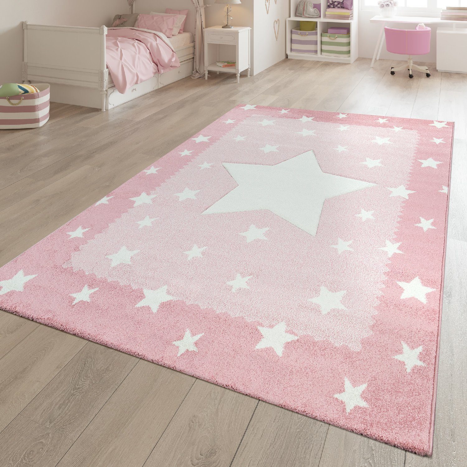 Kinderteppich Spielteppich Weiß Rosa Kinderzimmer Stern Muster, TT Home,  rechteckig, Höhe: 16 mm
