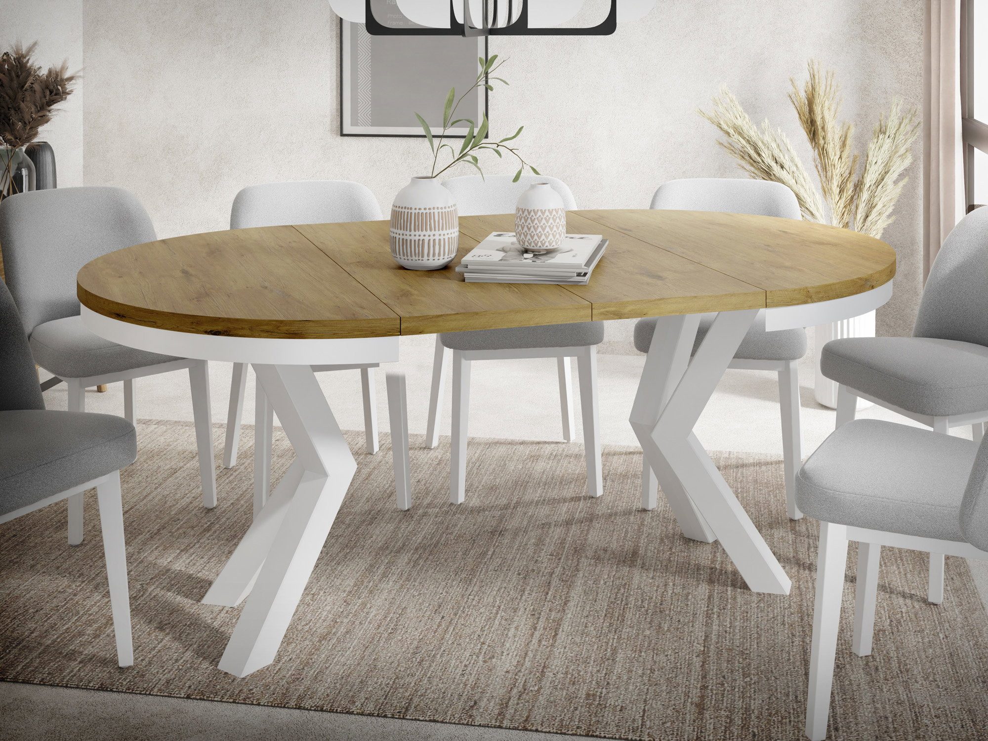 WFL GROUP Esstisch Clara White im Loft-Stil rund ausziehbar mit weißen Metallbeinen (MADE IN EU, erhältlich in zwei Größen – 100/120 cm, ausziehbar auf 180/200  – Bild 5 von 5