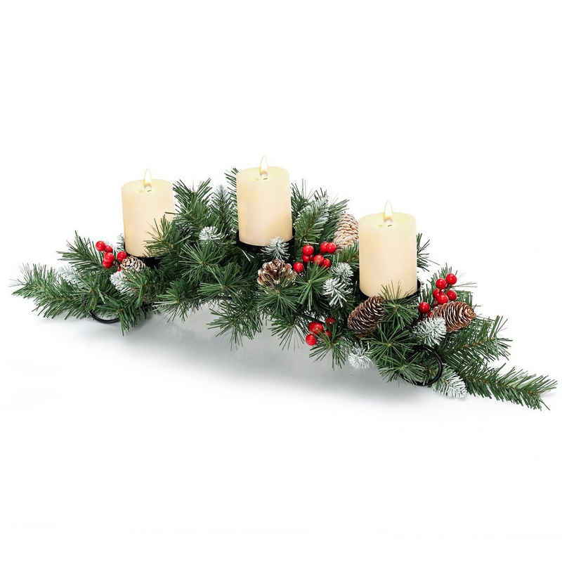 COSTWAY Adventskranz Weihnachtsgirlande mit 3 Kerzenständer, inkl. Tannenzapfen, Roten Beeren & Metallsockel, 80 x 28 x 20 cm