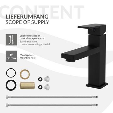 LuxeBath Waschtischarmatur Wasserhahn Mischbatterie Einhebelmischer Badarmatur Armaturen Schwarz matt Edelstahl-Messing Eckig für Heißes und Kaltes Wasser