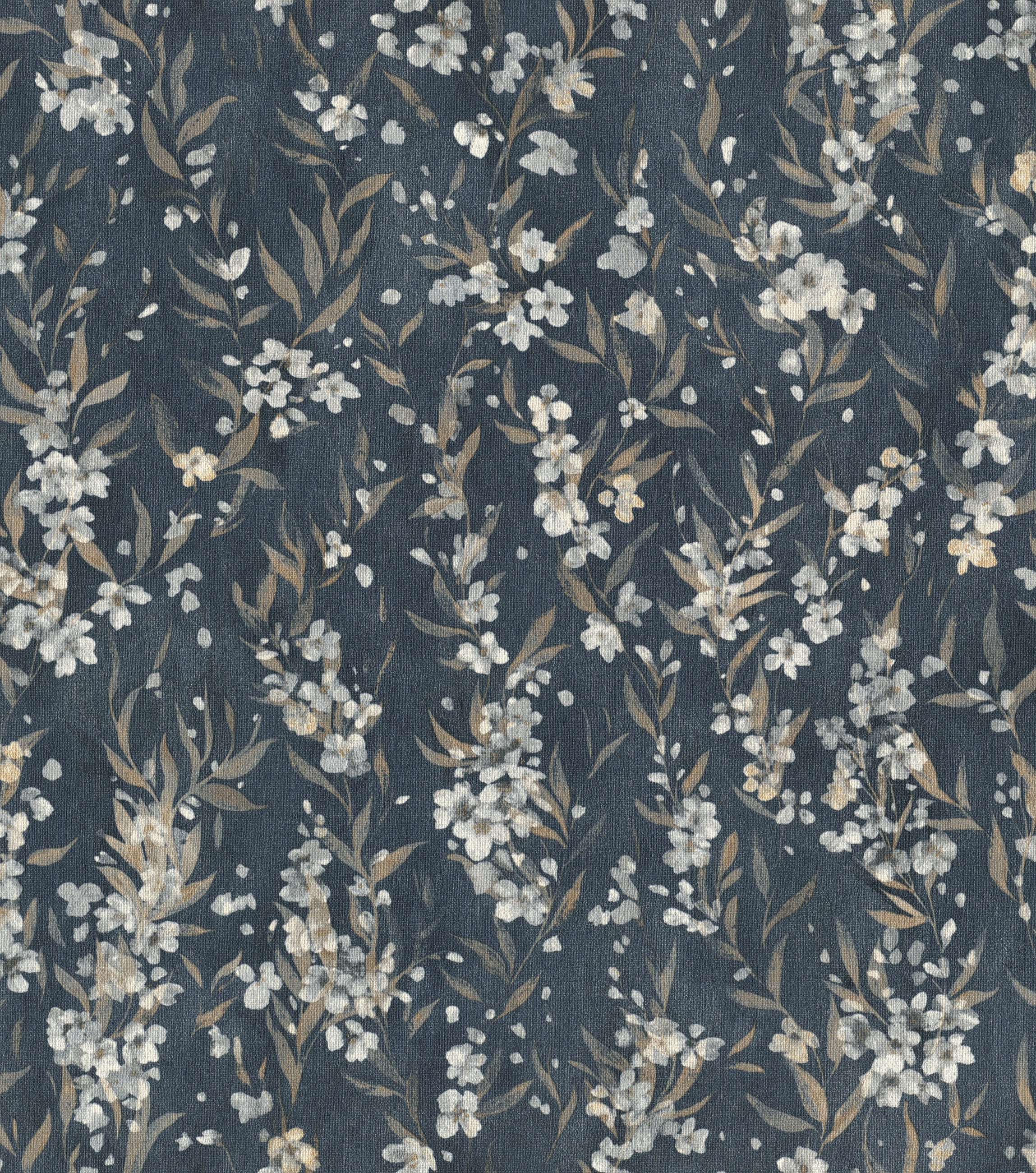 Rasch Vliestapete mit Kirschblüten in Blau - Vliestapete floral - Noble Zen, strukturiert, floral, natürlich, botanisch, geblümt, (1 St), Kirschblume