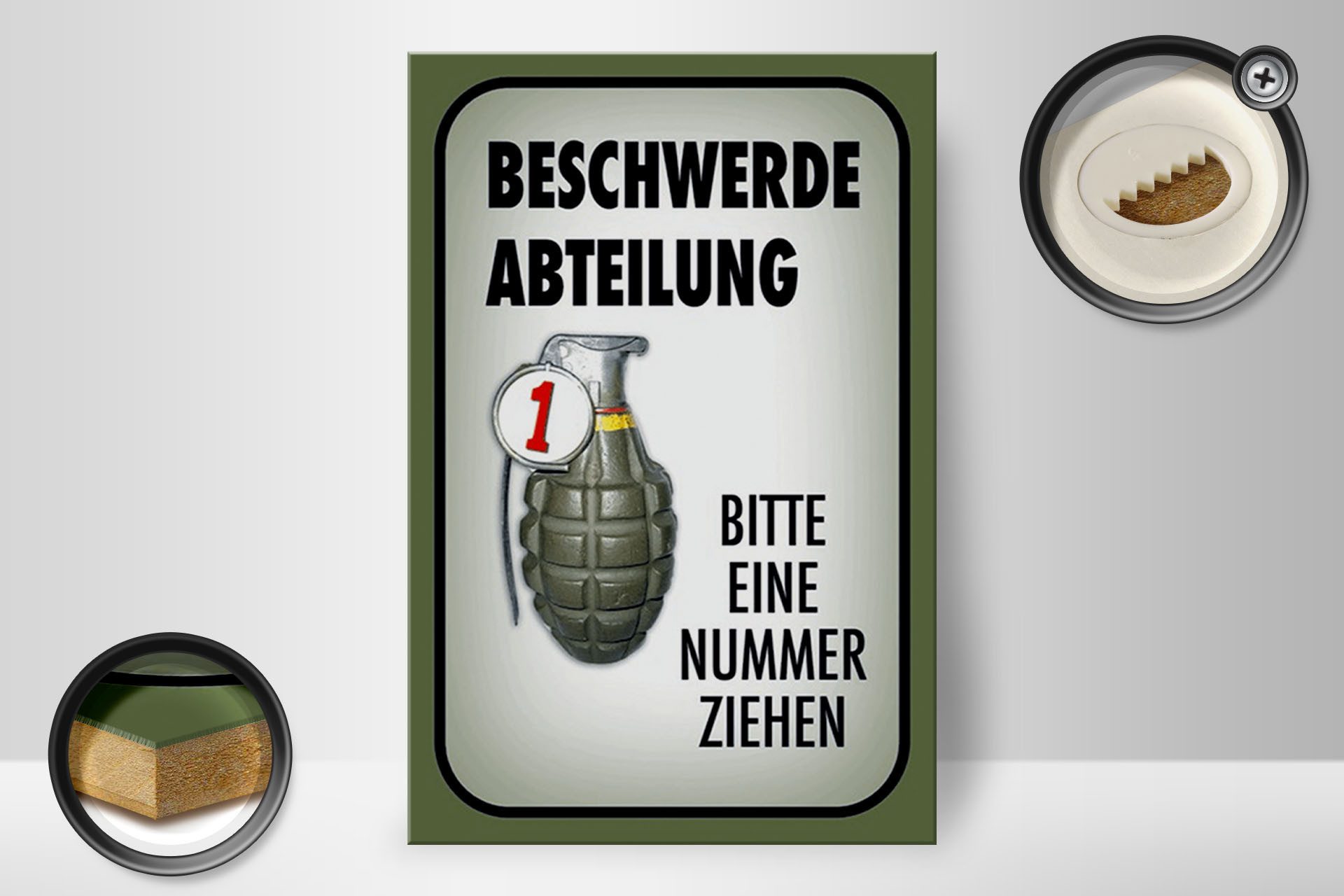 Femer GmbH Holzbild Spruch 20x30cm Beschwerde Abteilung bitte Nr., Sprüche Zitate Lustiges, Waffen (1 St), Glatte Holzfaserplatte (MDF), vorn beschichtet