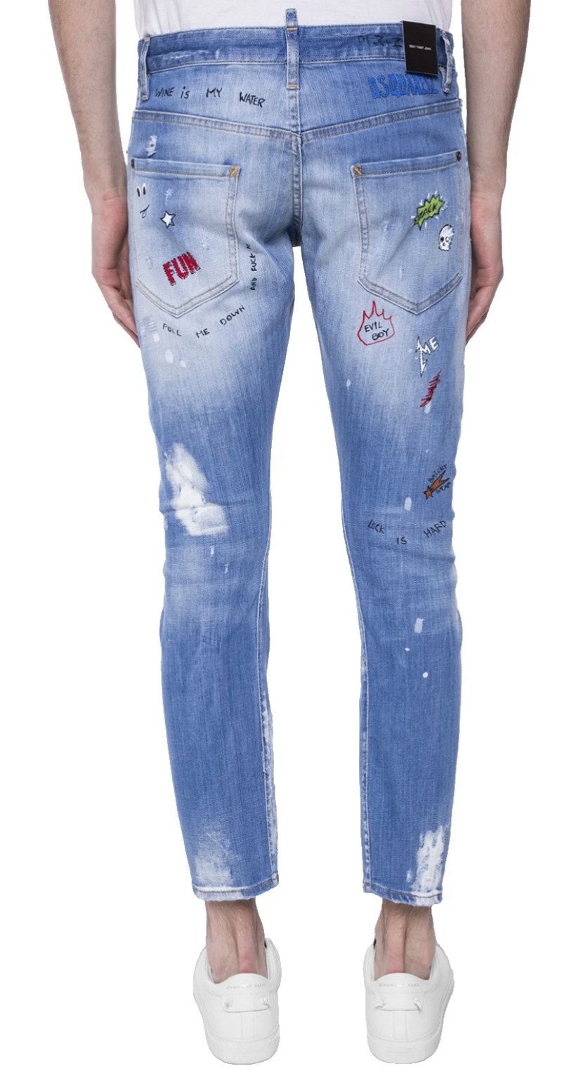 Dsquared2 5-Pocket-Jeans Skinny Fit „Sexy Twist“ Hose Used-Effekt 50 Bunte Applikationen wie Sterne, Herzen, Sprechblasen