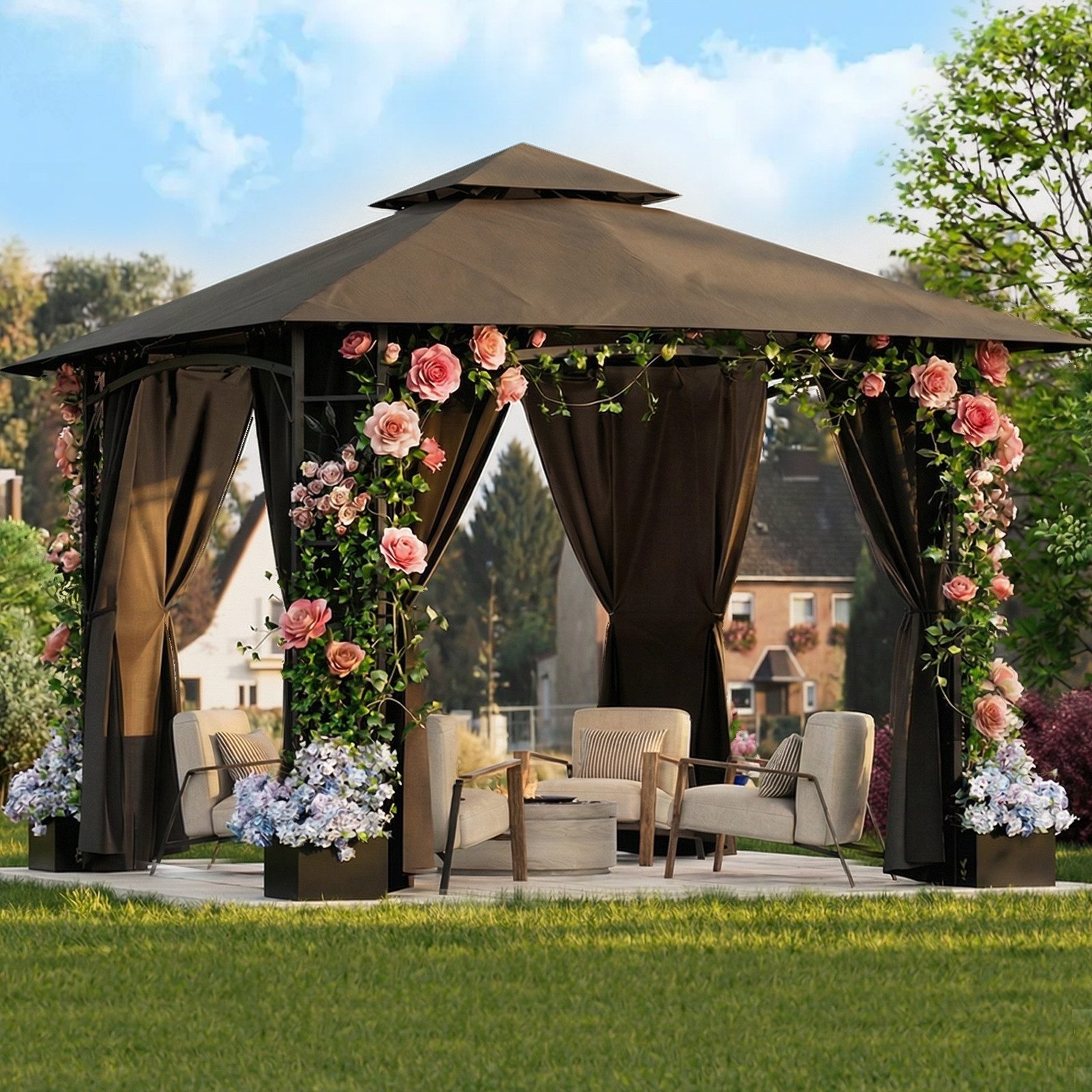 HOMALL Pavillon 3*3 Gartenpavillon mit Blumenkästen und Seitenteilen, UV-Schutz 50+, mit 4 Seitenteilen, (Wasserdicht und UV-Schutz 50+, Tragetasche mit Rollen, höhenverstellbar), Winterfest und wasserdicht gartenzelt, Stabiler Eisenrahmen