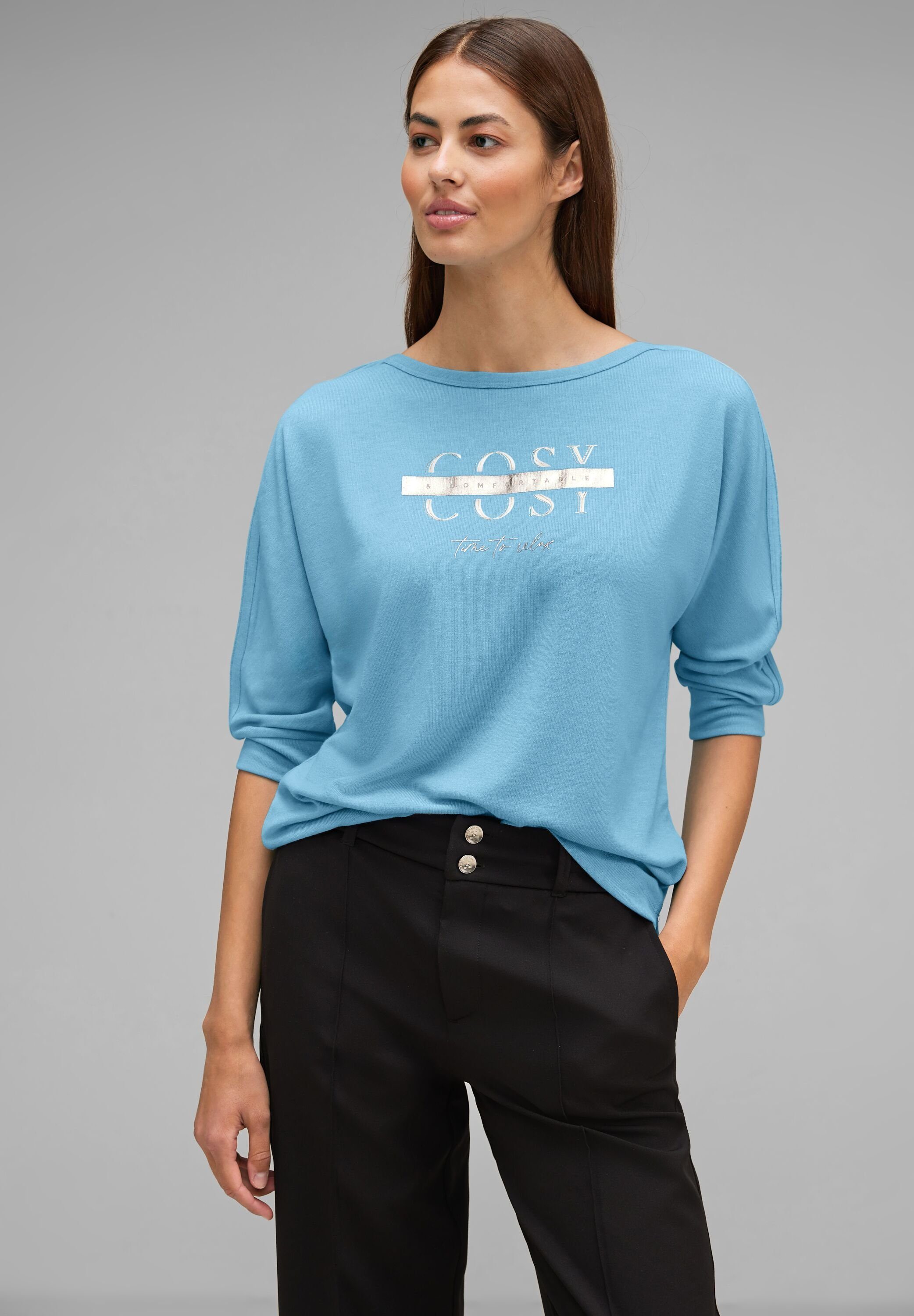 mel. Typo-Print Schimmer STREET Shirt Batwing ONE Wording aquamarine Schimmernder light mit blue 3/4-Arm-Shirt
