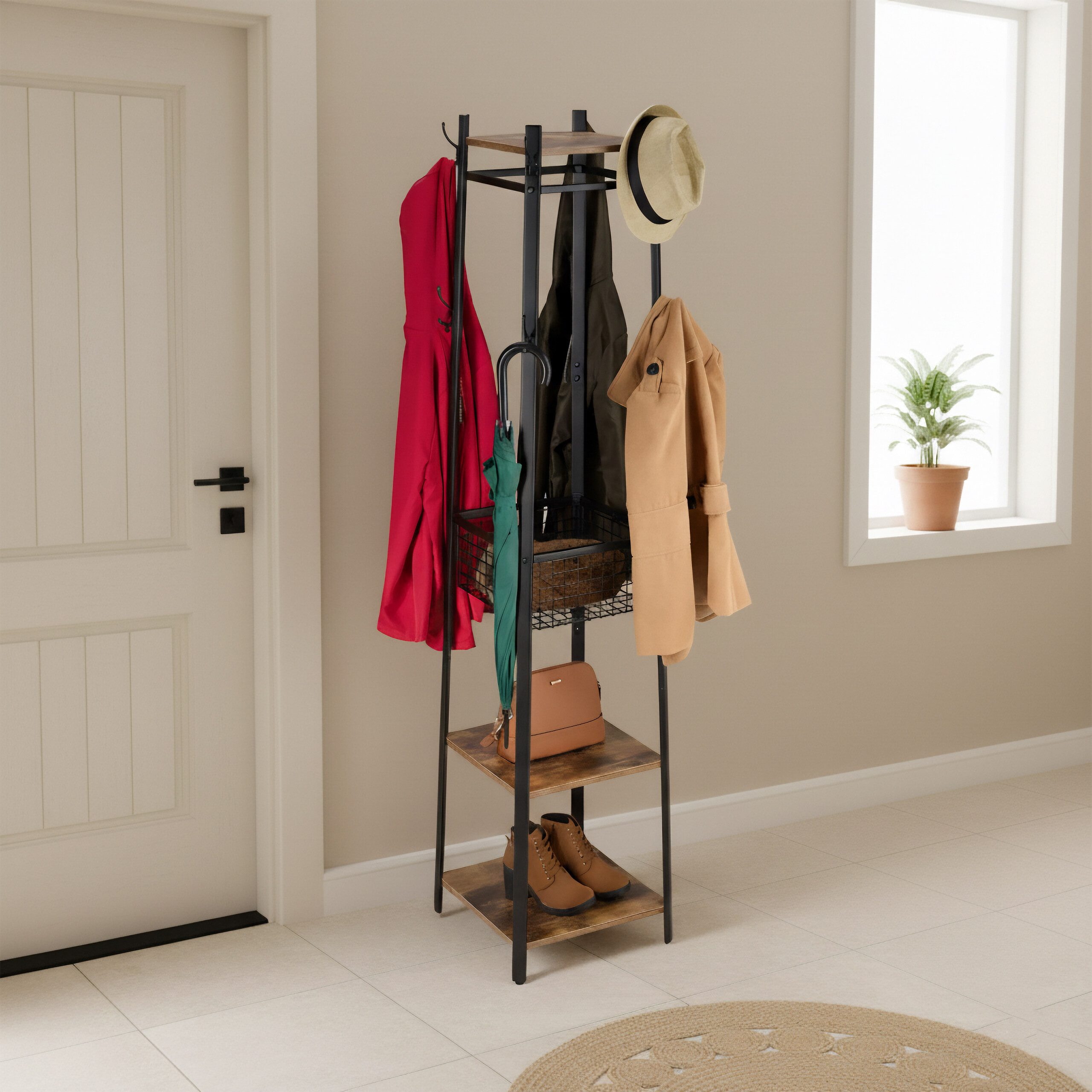 relaxdays Garderobenständer Haken, Ablagen & Korb, Braun-Schwarz günstig online kaufen