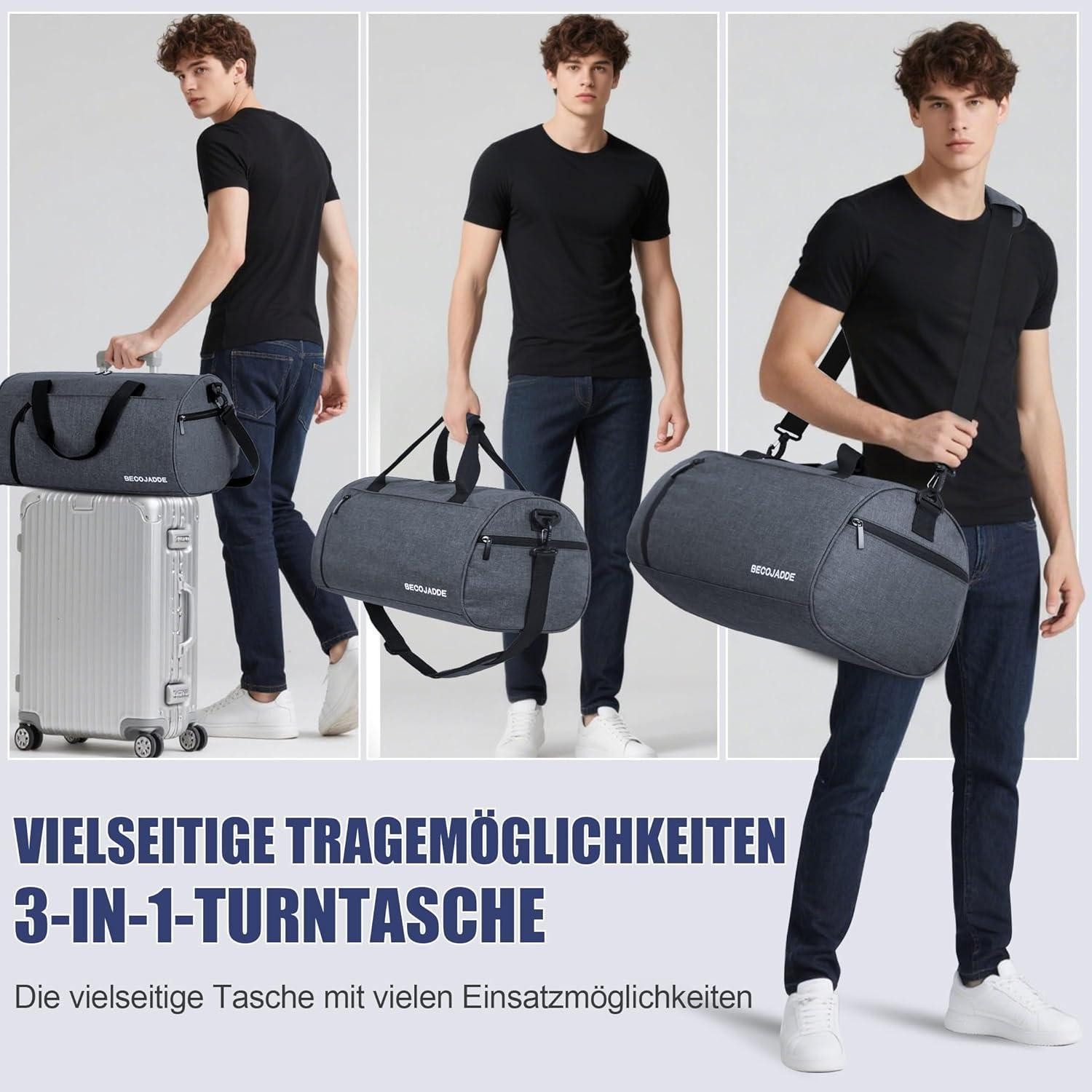 LuxusKollektion Sporttasche Sporttasche Duffel Schuhfach Nassfach Handgepäcktasche 45L Grau
