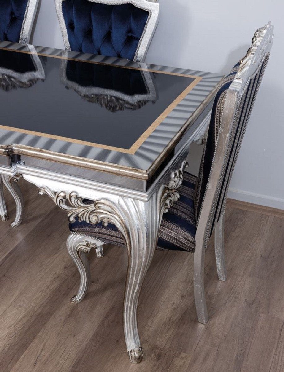 Casa Padrino Esszimmer-Set Luxus Barock Möbel / 6 Esstisch Esszimmerstühle Silber Esszimmer Barock Set - Esszimmer 1 - & Handgefertigte Blau
