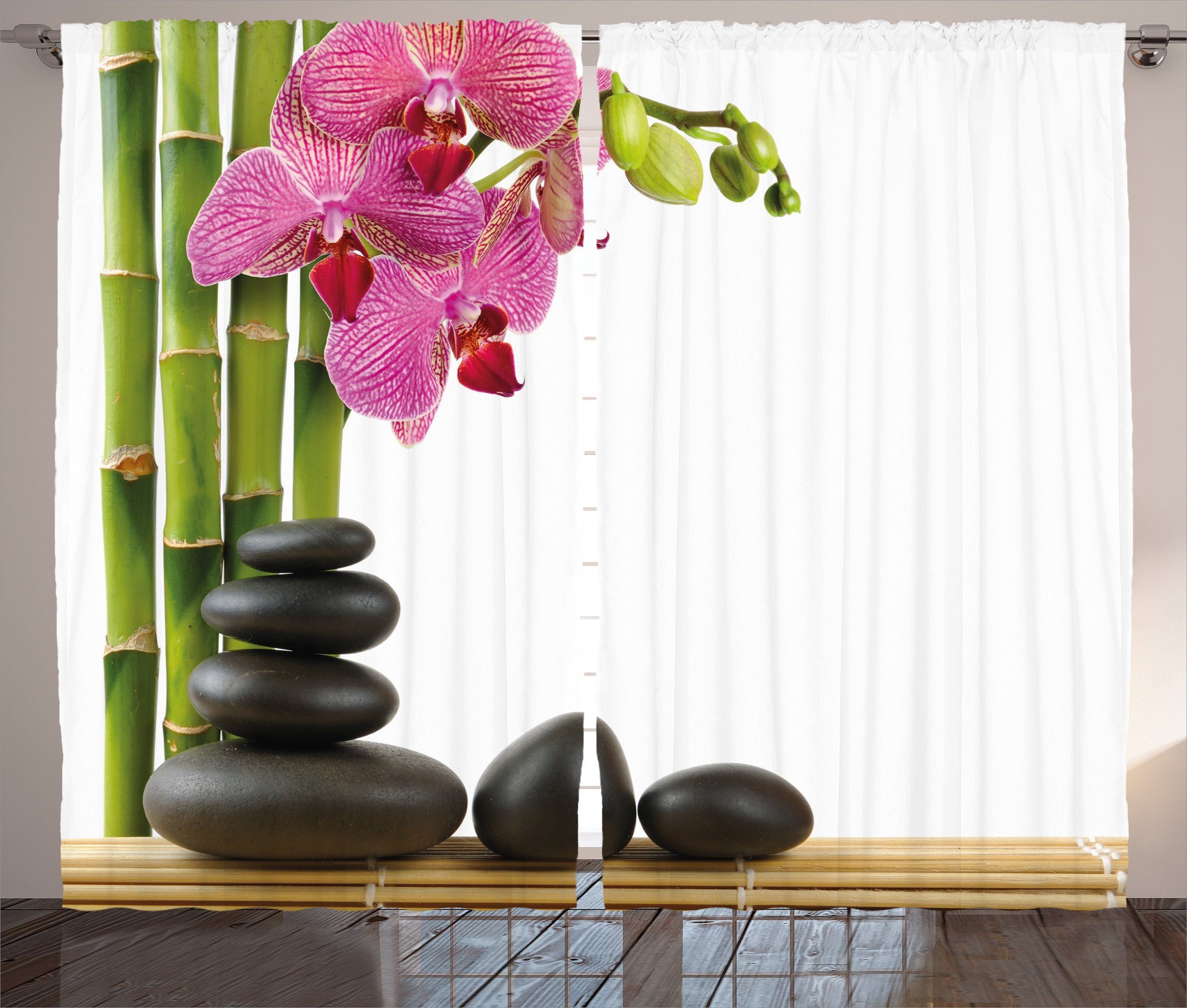 Gardine Schlafzimmer Kräuselband Vorhang mit Schlaufen und Haken, Abakuhaus, Spa Pink Orchid und Bambusse
