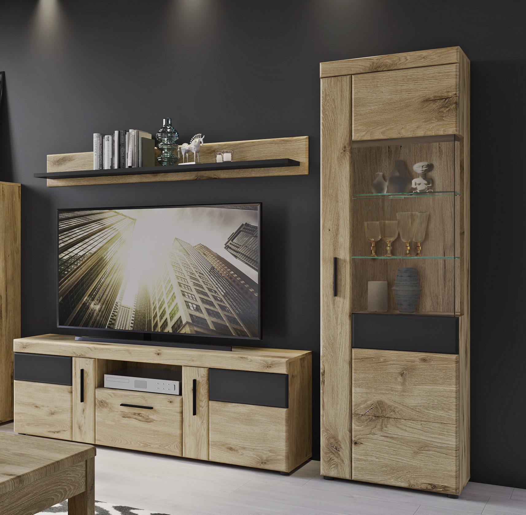 Meble Wójcik Wohnwand (3-teilig) in Viking Eiche Dekor - 215x195x41 (BxHxT), (3-teilig)