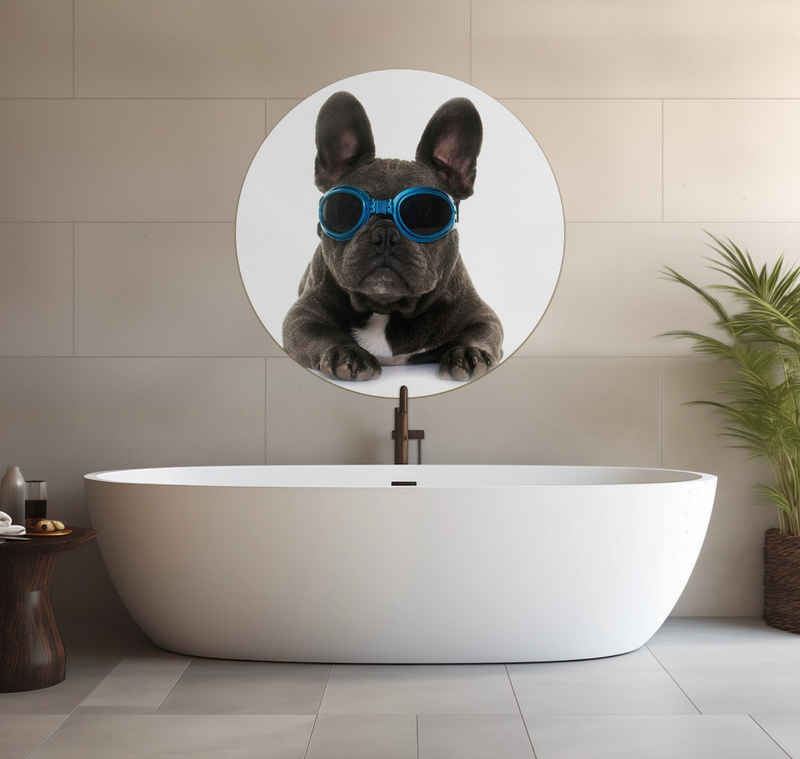 Wallario Wandfolie, Cooler Hund mit Sonnenbrille in blau - Französische Bulldogge, wasserresistent, geeignet für Bad und Dusche
