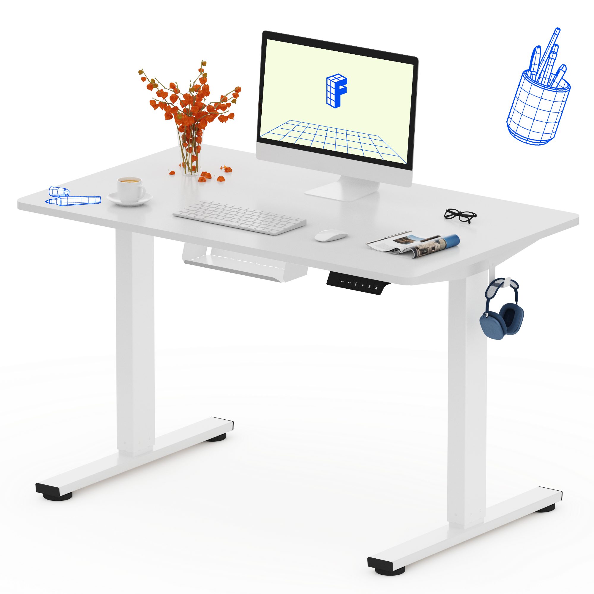 FLEXISPOT Schreibtisch Basic-Series Elektrisch höhenverstellbarer Schreibtisch (Anti-Kollisions-system, 2- Fach-Teleskop, mit Haken, mit Aufbewahrungsbox, LED-Display), MAX. Load: 70kg, 100/110/120/140/160, MIT einteilige Tischplatte