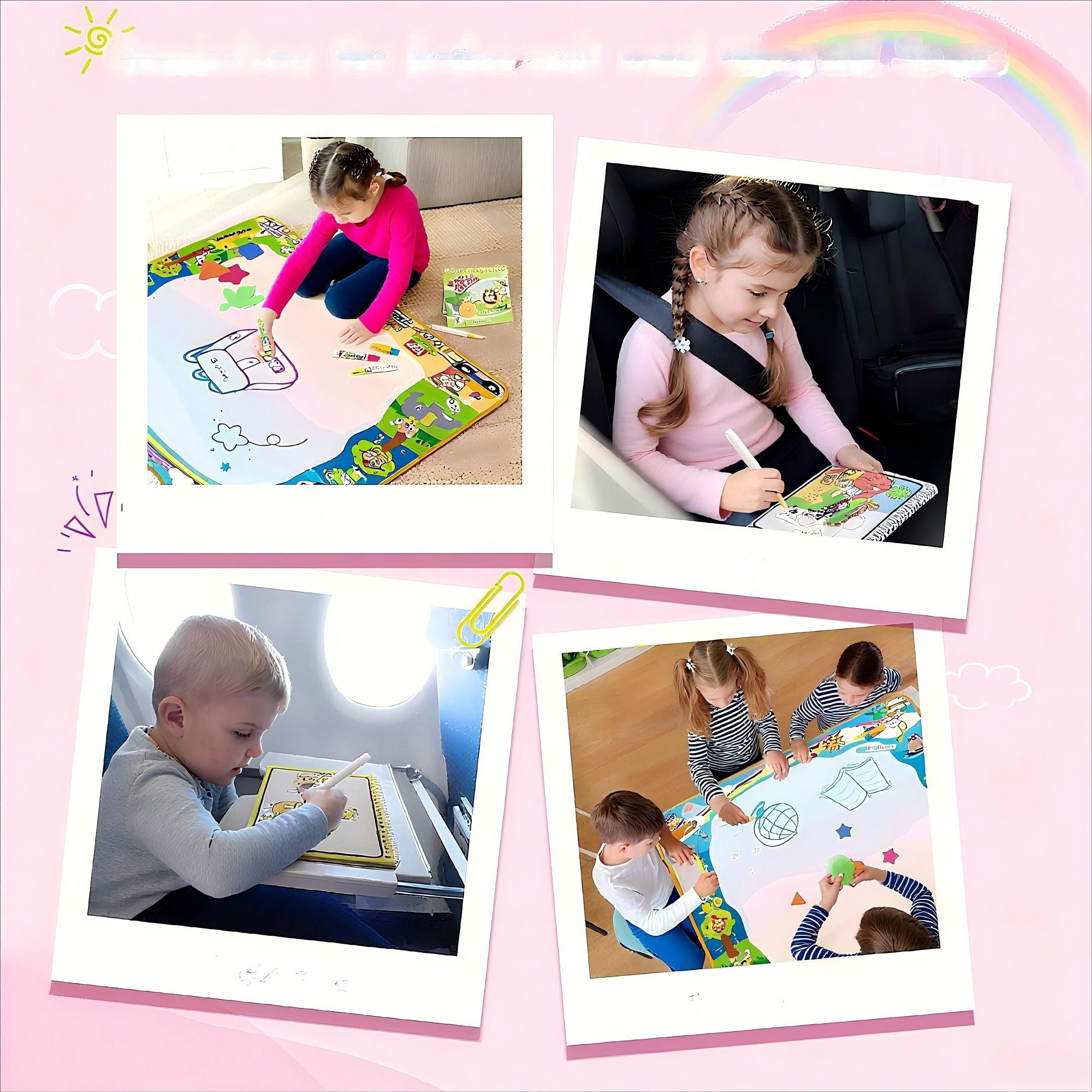 POPOLIC Kreativset Lernspielzeug 100×100cm Wasser Doodle Matte - Spiele, (4 Wasserstift, 3 Stempel, 8 Muster Schwamm, Große Wassermalmatte, Kinder Wasser Malen Water Doodle Mat, Magic Matte), Fördert die Fantasie, Montessori Spielzeug 1 2 3 Jahre