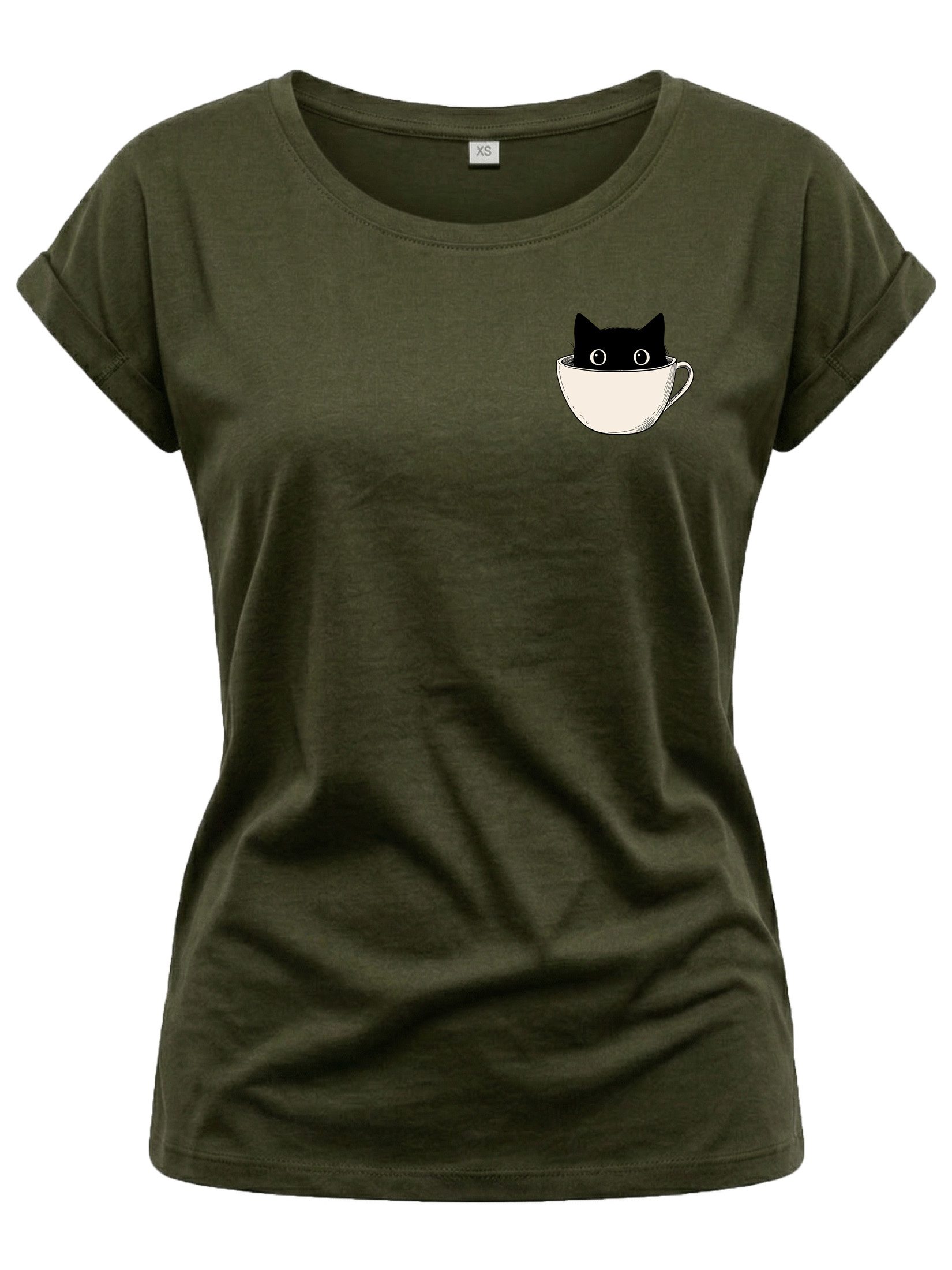 T-Shirt Lustiges Damen-Top mit Katzenmotiv – Katze in Kaffeetasse Print