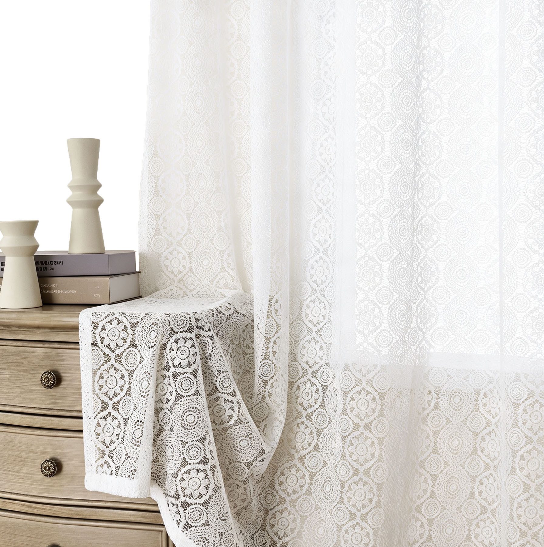Diwzbyn Gardine Vintage-weißer Spitzenvorhang, lichtdurchlässiger Boho-Vorhang, französischer Häkel-Dekorationsvorhang für Schlafzimmer und Wohnzimmer