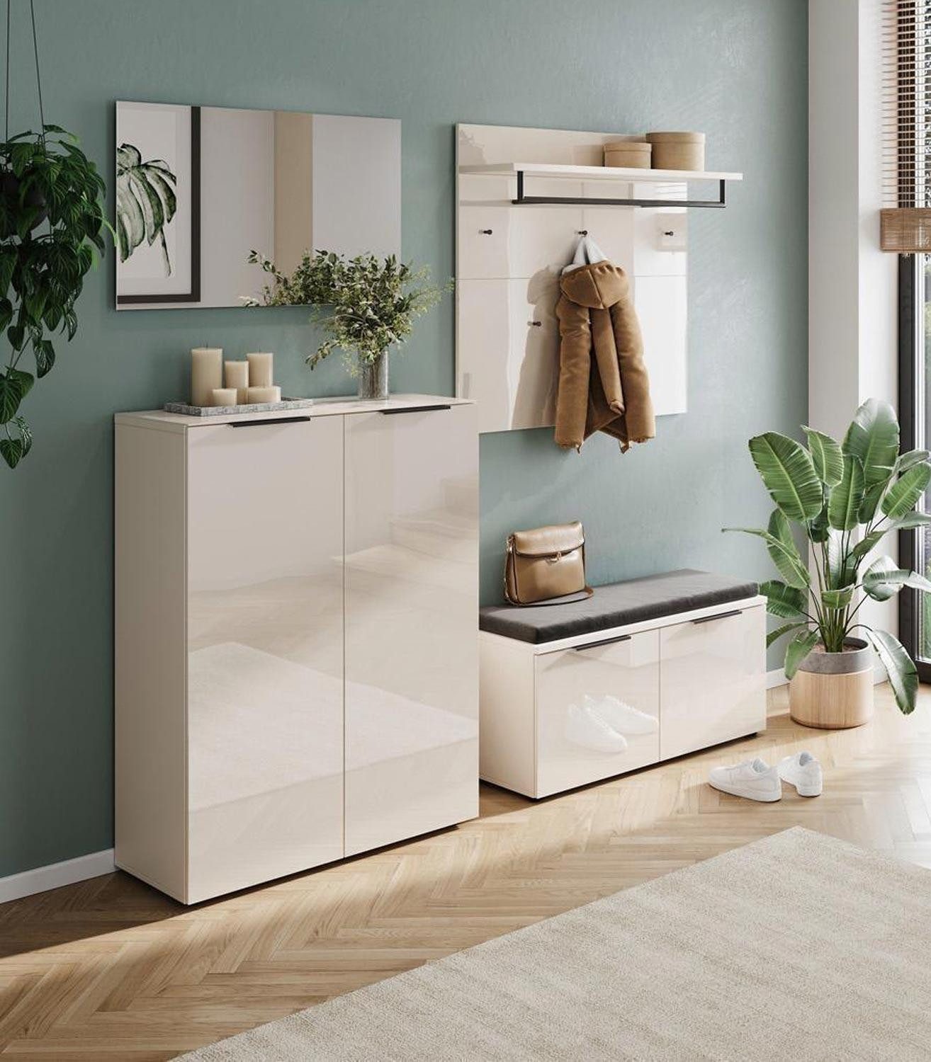 GERMANIA Schuhschrank GENOVA, 2 Türen, Creme, Holzwerkstoff, Glasfront, B 87 x H 120 x T 40 cm