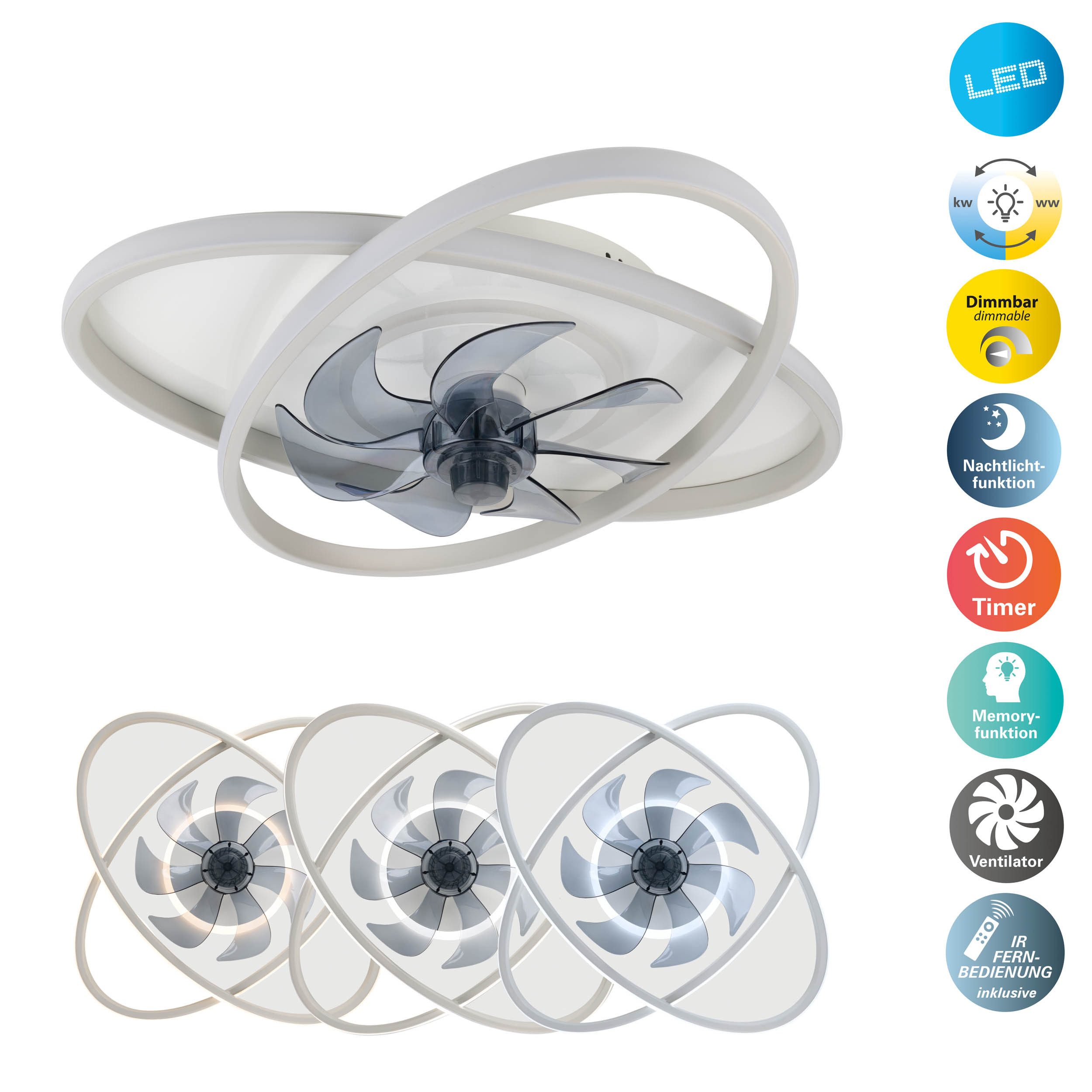OTTO home LED Deckenleuchte Lunnee Deckenventilator, CCT - über Fernbedienung, Dimmfunktion, Fernbedienung, Infrarot inkl., Memoryfunktion, Nachtlichtfunktion, Ventilatorfunktion, mehrere Helligkeitsstufen, LED wechselbar, warmweiß - kaltweiß, Ventilator, Dimmbar per IR-Fernbedienung, CCT, Memory, Nachtlicht