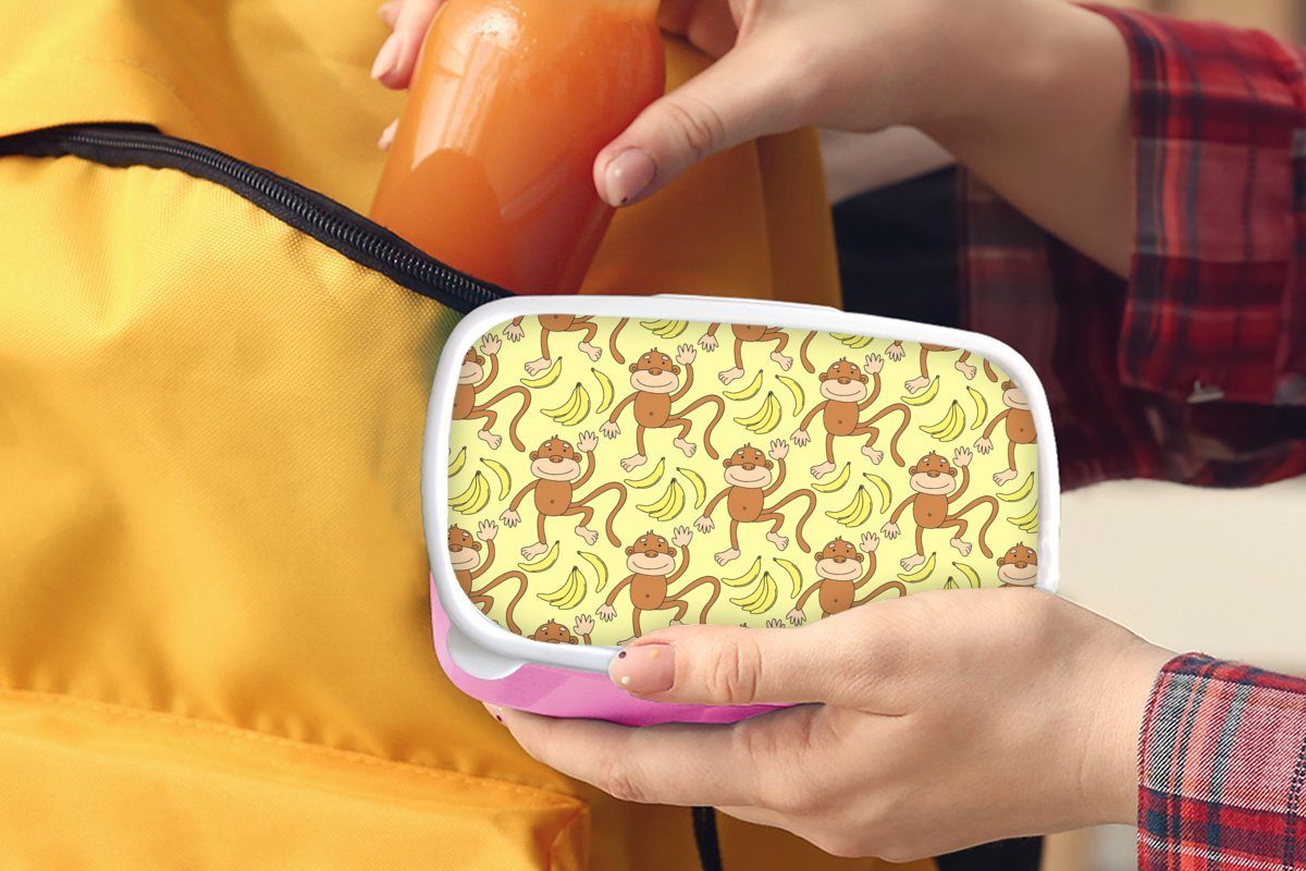MuchoWow Lunchbox Muster - Affe für Kunststoff rosa Snackbox, Brotdose (2-tlg), Banane, Erwachsene, Kunststoff, Kinder, Mädchen, Brotbox 