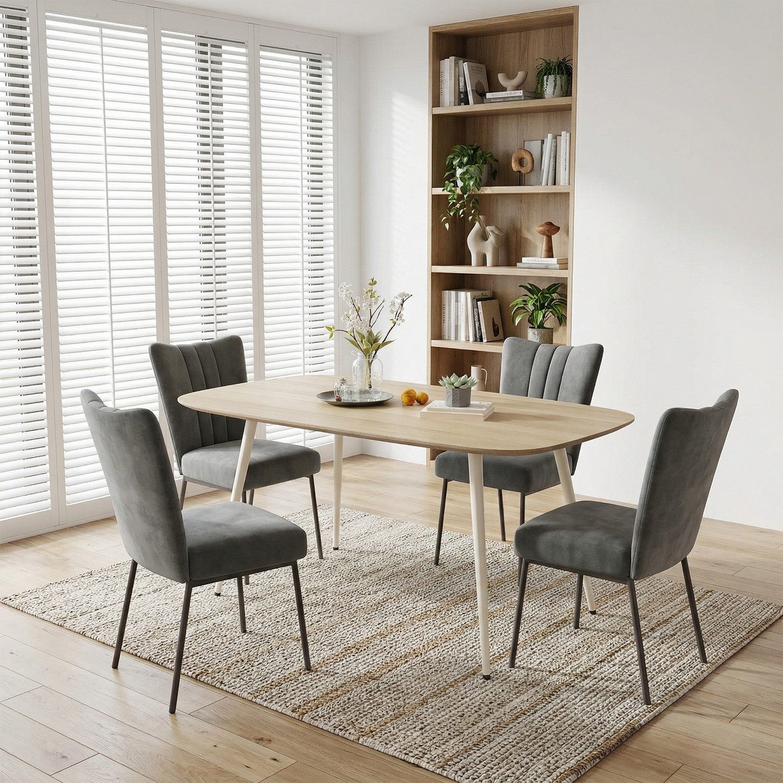 Jiexi Essgruppe Esstisch Set 5-teilig 120x69 MDF Eichenoptik Kombi mit Samt Stühlen