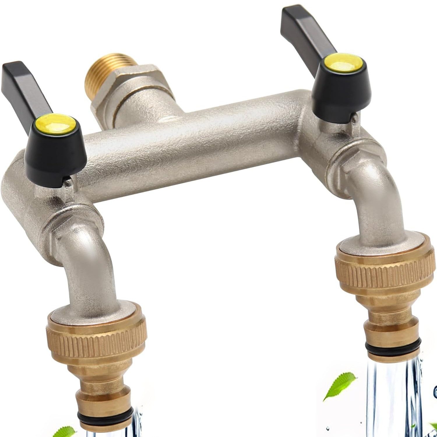 HEYHIPPO Y-Stück 3/4'' Gartenhahn Zweiwege-Wasserumsteller Außen Wasserverteiler, (Kommt mit 2 3/4" und 1/2" Hahnanschlüssen, 1/2" Wasserzulauf für Spülbecken im Haus, Garten und Waschmaschine), Wasserhahn mit langem Griff Doppelkopf, G-Gewinde,rost frostbeständig
