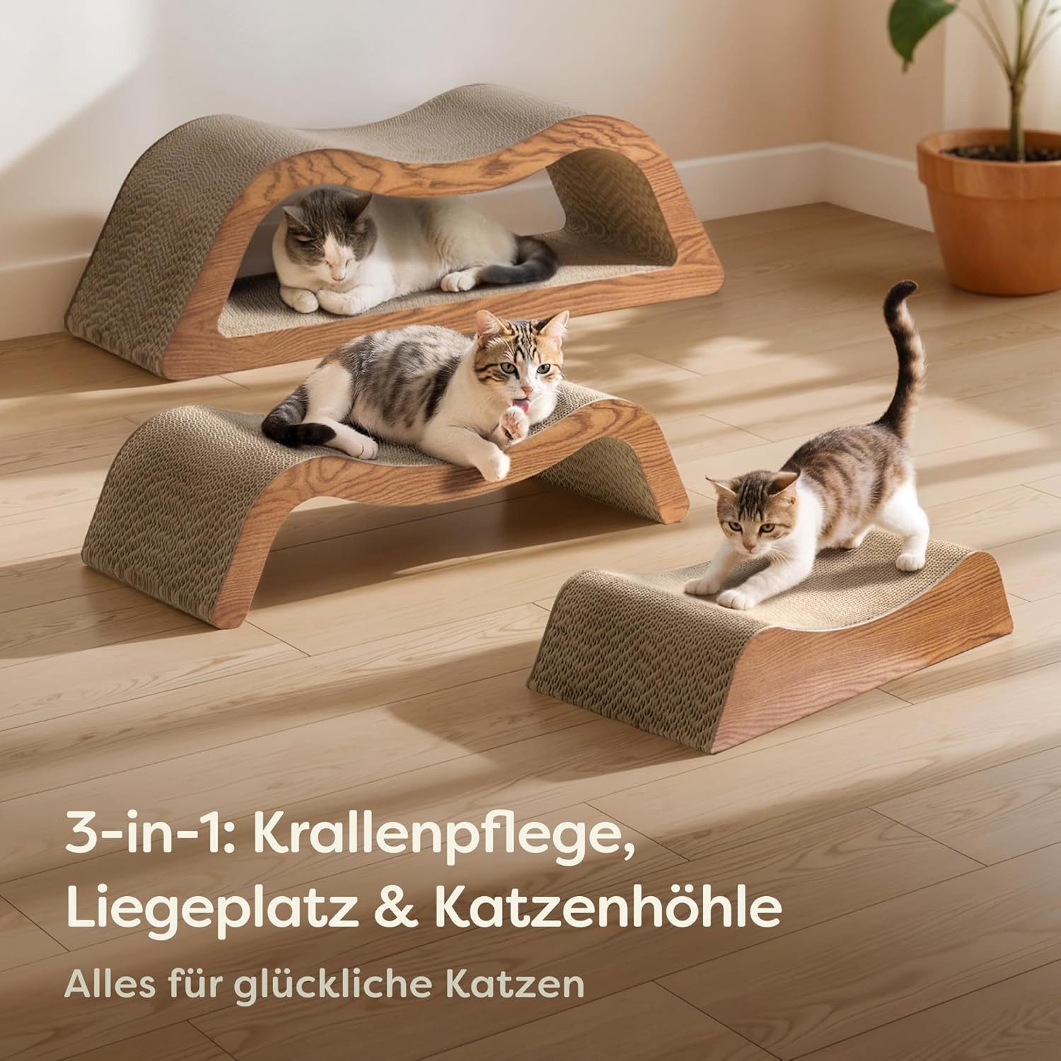 Knupis Kratzbrett Kratzpappe Katze XXL 75cm 3 - teilig – Kratzmöbel aus kratzfester, (Set, 3-teiliges Kratzbrett-Set), Langlebig bis 2 Jahre – Krallenpflege – Platzsparend – Möbel schutz