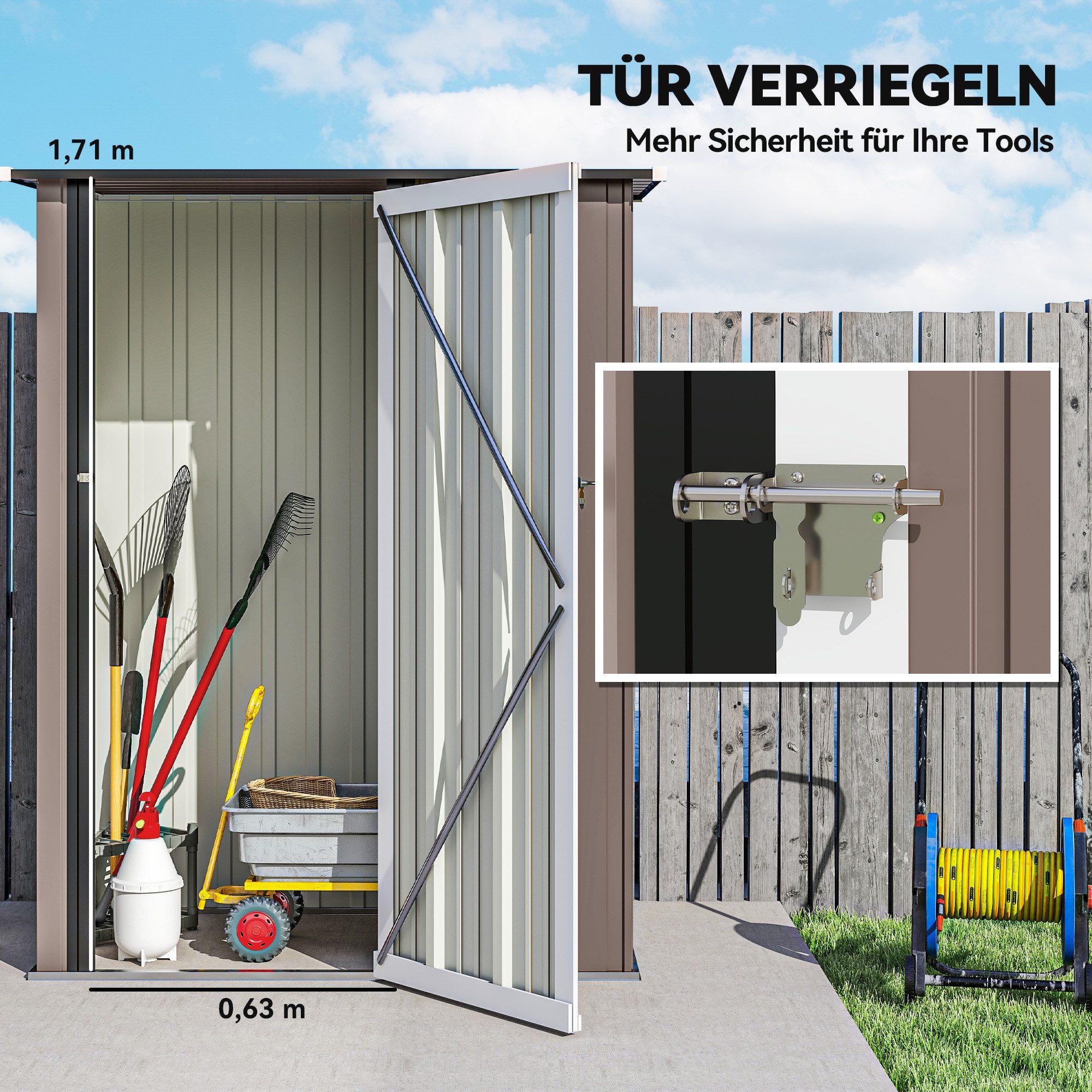 Outsunny Gerätehaus Metall Geräteschuppen mit Pultdach Gartenhaus braun, BxT: 142x86 cm, (Geräteschuppen, 1 St., wetterfest Gartenhaus), für Hinterhof Außenbere – Bild 5 von 5