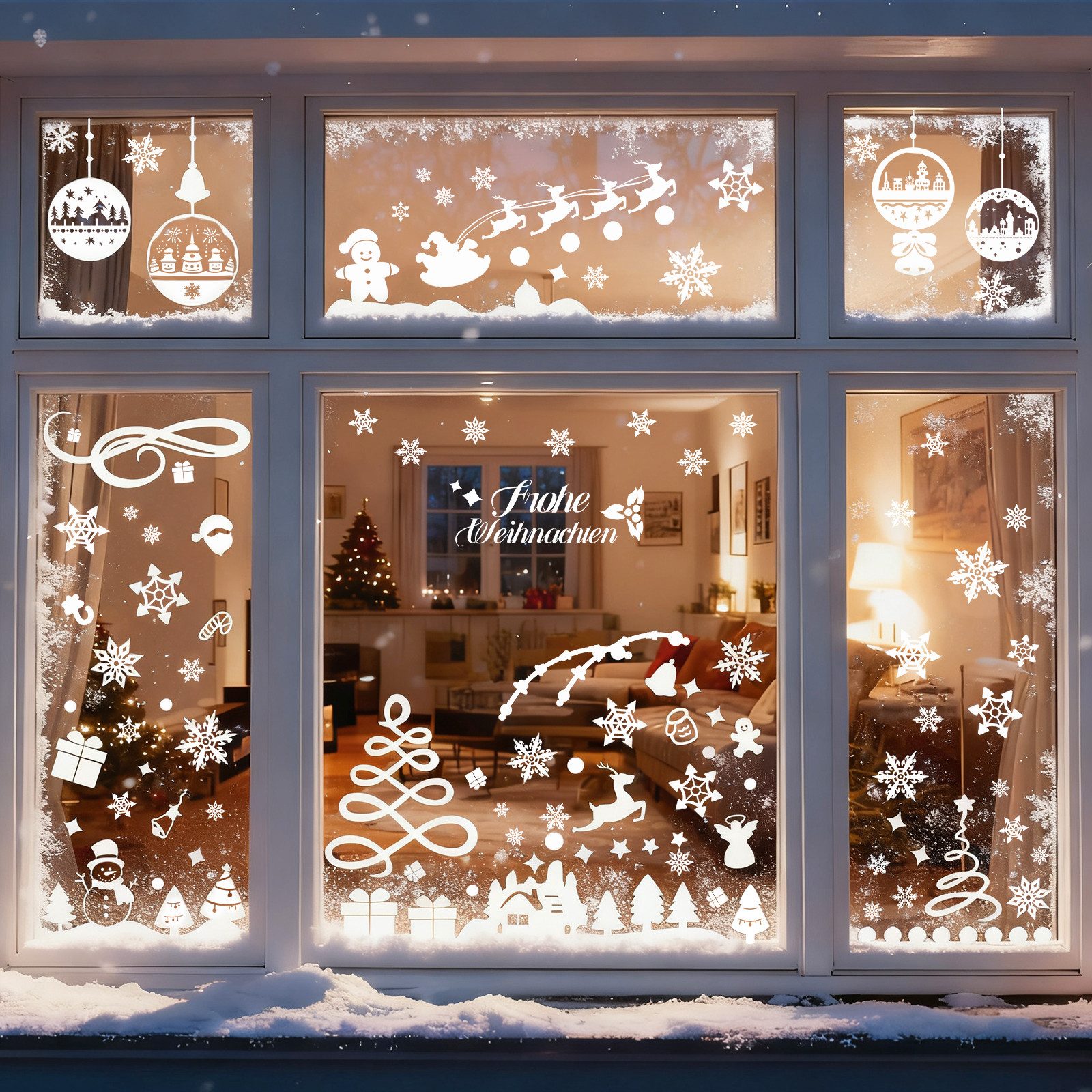 Salcar Fensterbild Картини вікна Weihnachten Groß Fensterdeko Selbstklebend Weiß, Wiederverwendbar, Häusern, Schneemann, Schneeflocken, Christbaumkugeln